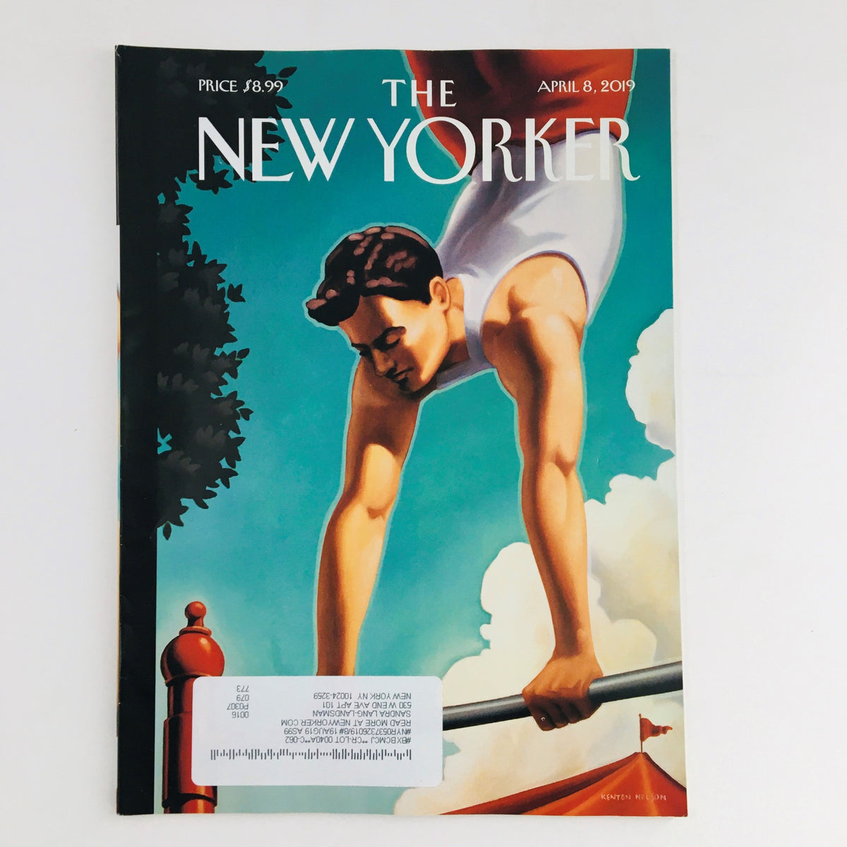The New Yorker April 8 2019 Full Magazine Cover by Kenton Nelson showcasing a figure on a gymnastic ring against a vibrant sky.