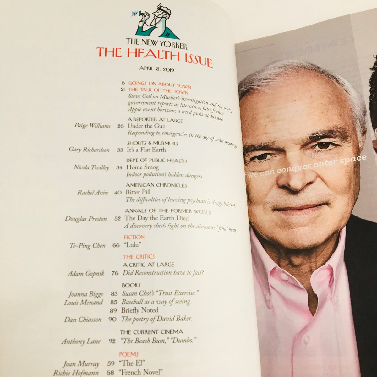 Interior page from The New Yorker April 8 2019 Full Magazine featuring the table of contents and article titles including 'A Critic at Large' and various contributors.