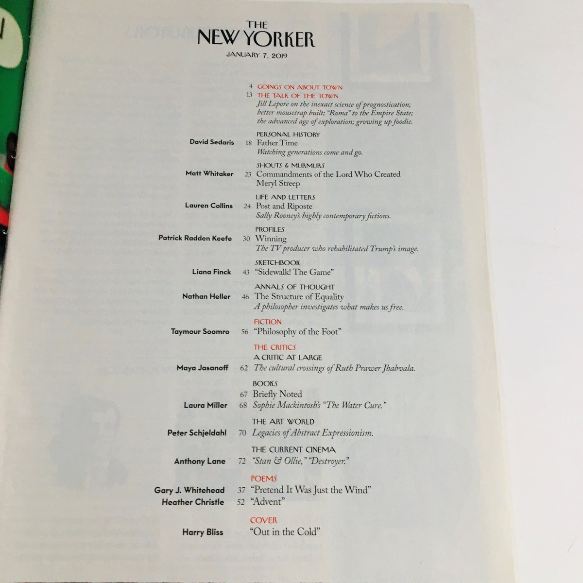 Contents page of The New Yorker January 7 2019 issue outlining articles and features.