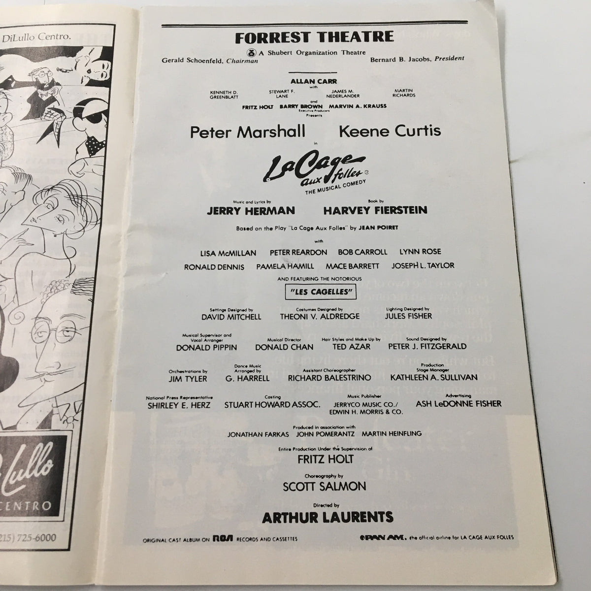 Inside page of the 1983 Playbill for La Cage Aux Folles, displaying cast and production credits for the performance at the Forrest Theatre.
