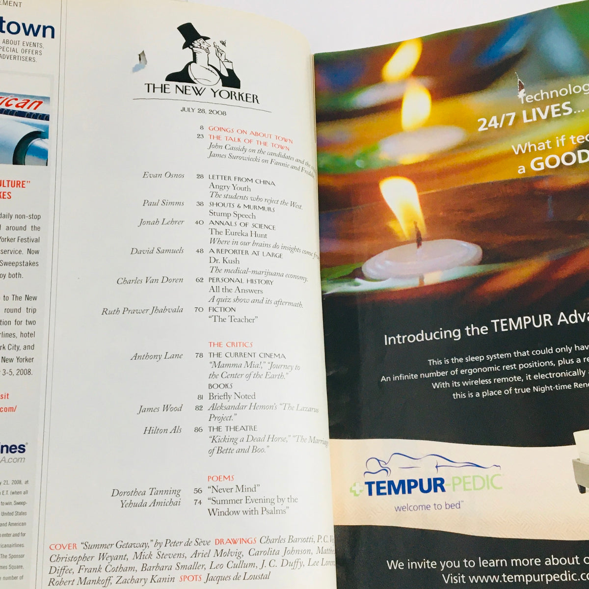 Interior page of The New Yorker July 28 2008, displaying contents and articles alongside an advertisement for Tempur-Pedic, highlighting the blend of literature and marketing typical of this vintage magazine issue.