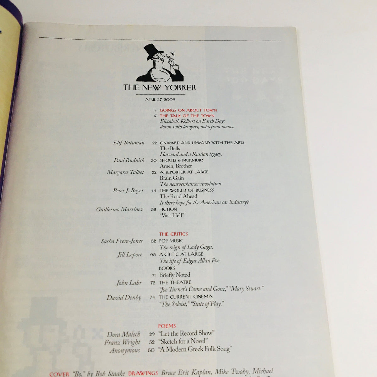 The New Yorker April 27 2009 Table of Contents page, showcasing featured articles, authors, and titles in a vintage magazine format.