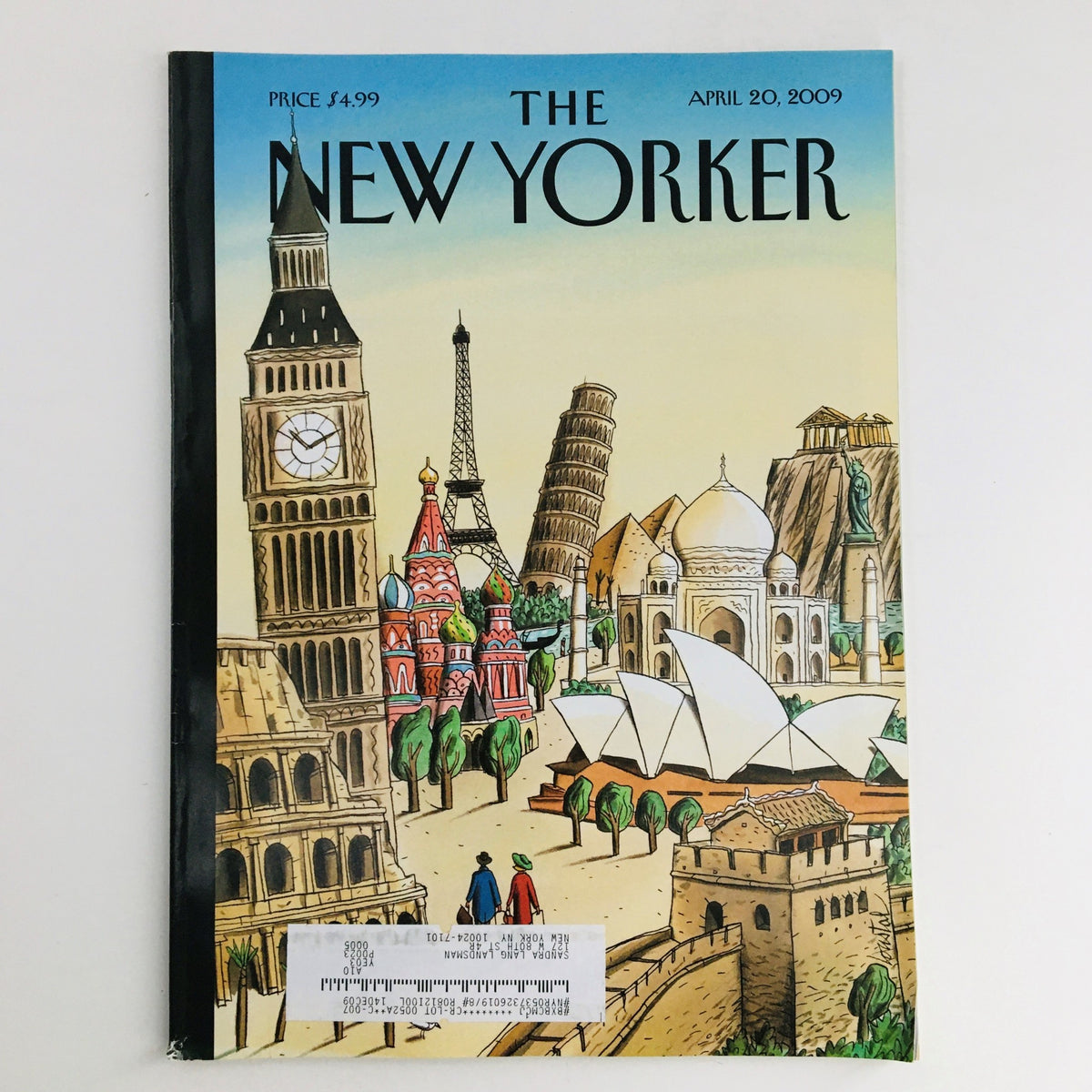The New Yorker April 20 2009 Full Magazine Theme Cover by Jacques de Loustal featuring iconic landmarks and vibrant illustrations.