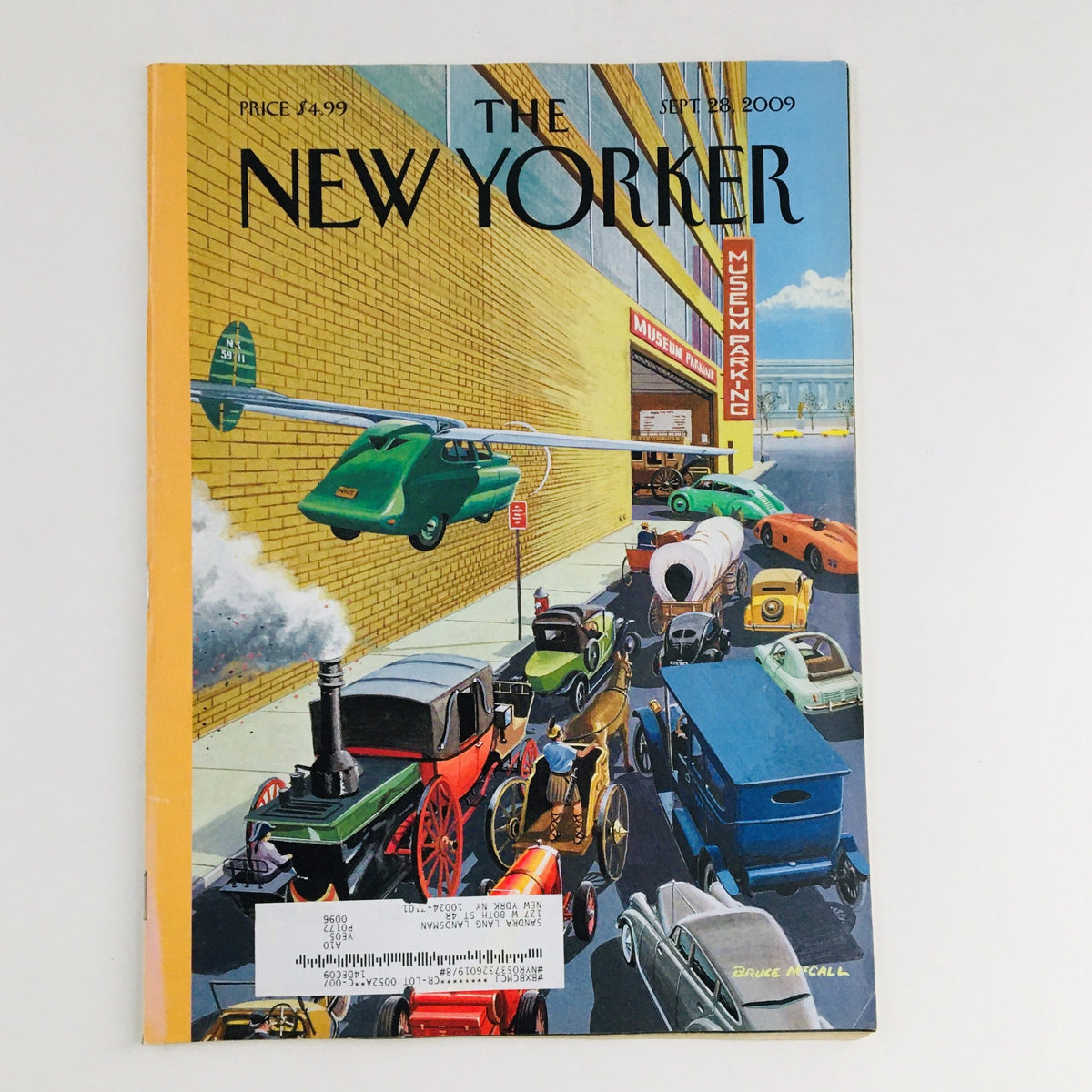 Cover of The New Yorker September 28, 2009, featuring the artistic theme cover by Bruce McCall, depicting a vibrant street scene with vintage cars.