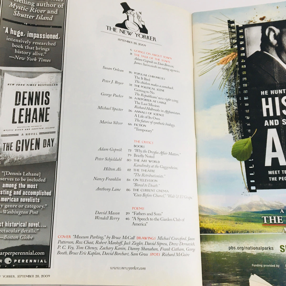 Interior page of The New Yorker September 28, 2009, showcasing a list of contributors and articles, including commentary on contemporary culture.