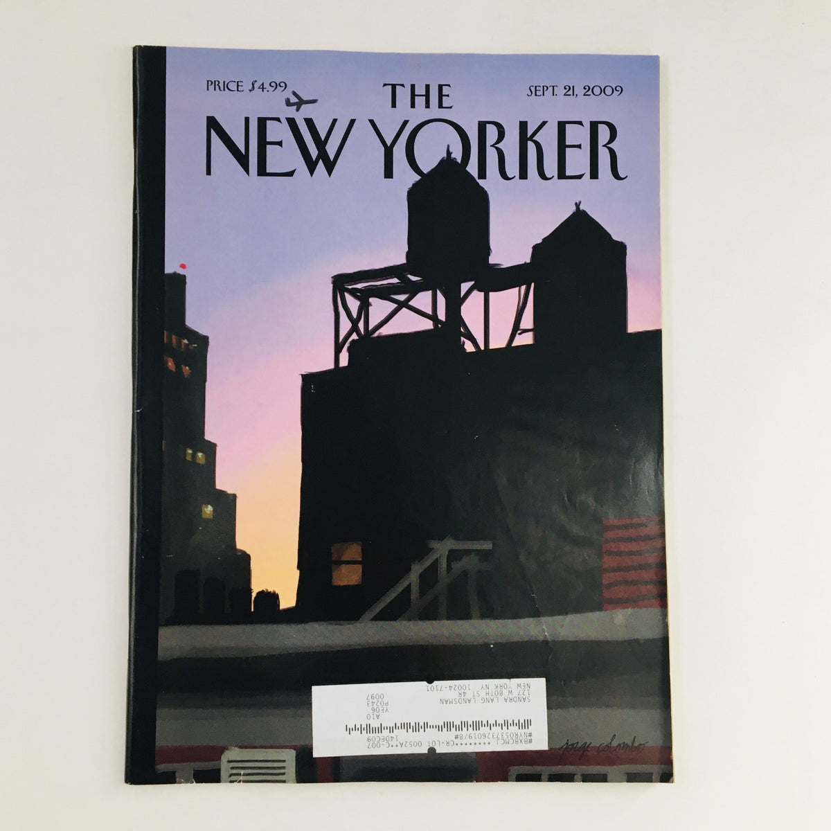 Cover of The New Yorker magazine dated September 21, 2009, featuring artwork by Jorge Colombo depicting urban life and silhouettes of buildings against a twilight sky.