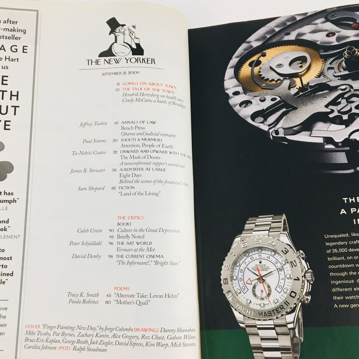Full inside spread of The New Yorker magazine from September 21, 2009, showcasing the contents page, featuring an iconic cover theme artwork by Jorge Colombo, along with article titles and contributors, suitable for collectors and enthusiasts of vintage magazines.