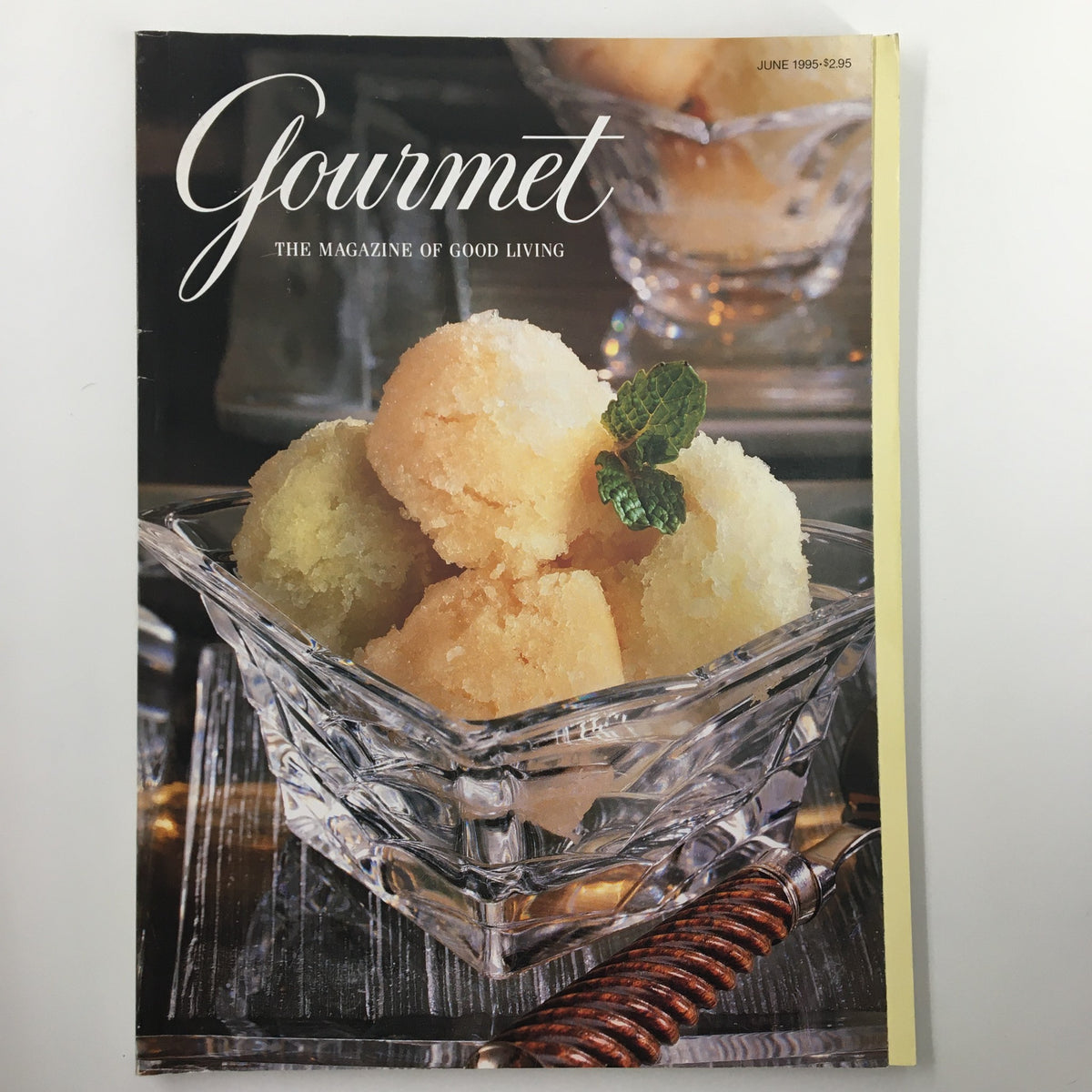 Cover of Gourmet Magazine June 1995 featuring Jasmine Tea and Minted Lemongrass Sorbet, showcasing elegant culinary photography and sophisticated gourmet themes.