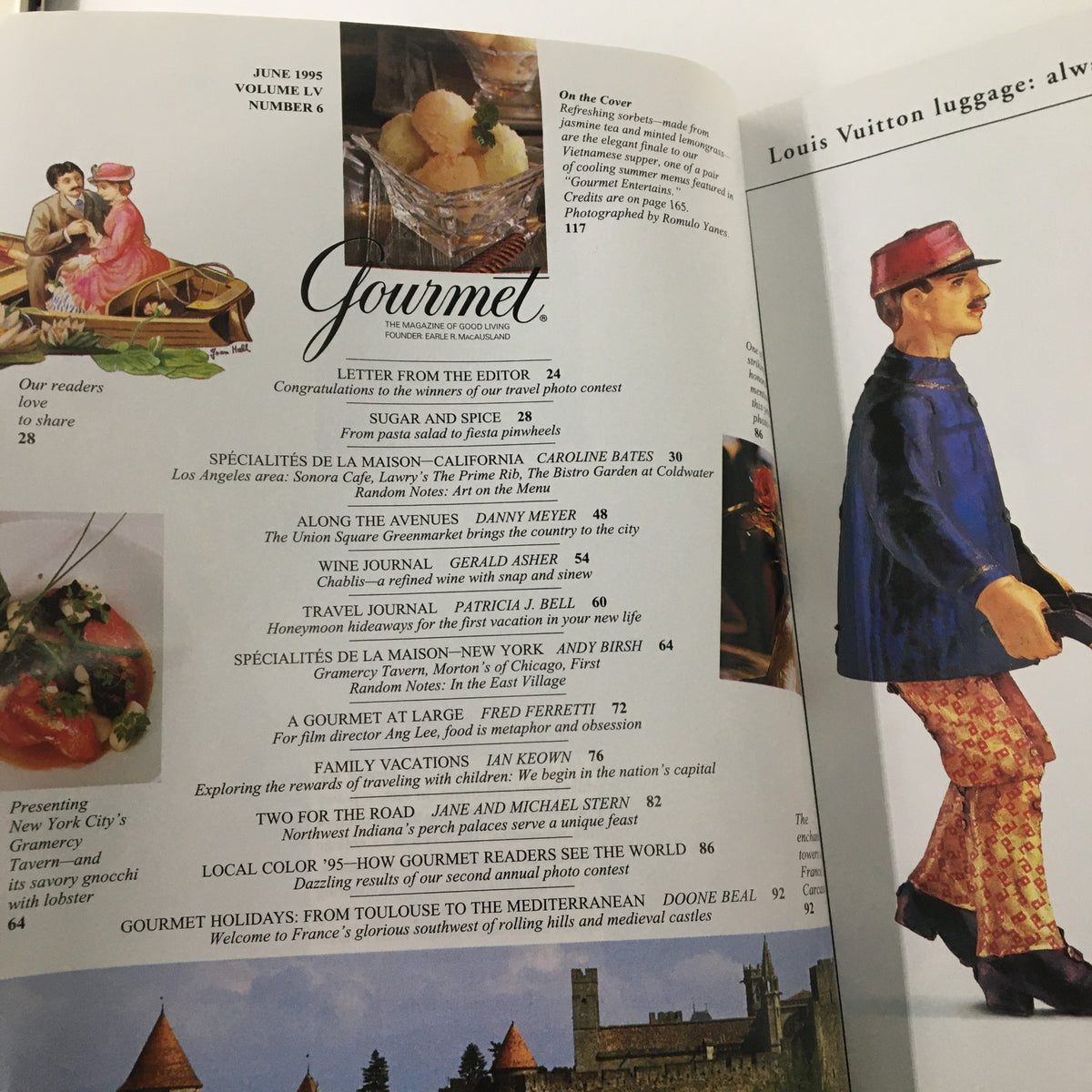Inside page of Gourmet Magazine June 1995 displaying the contents, highlighting articles and features related to gourmet cooking and culinary trends.