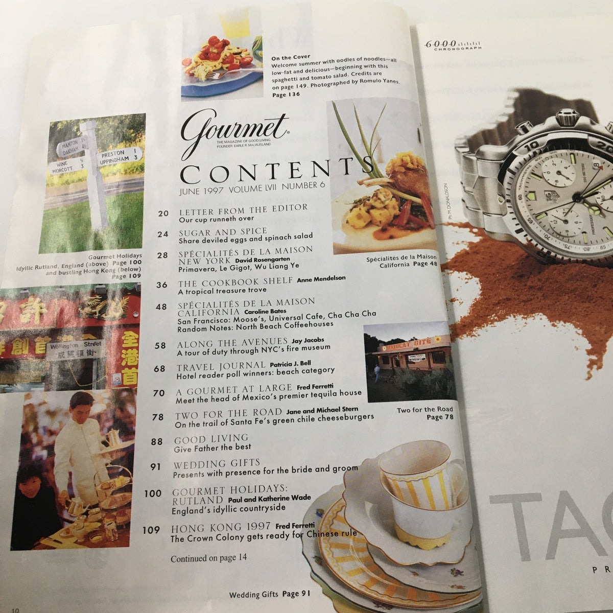 Gourmet Magazine June 1997 contents page featuring various articles and recipes including the Spaghetti and Tomato Salad with Yogurt.