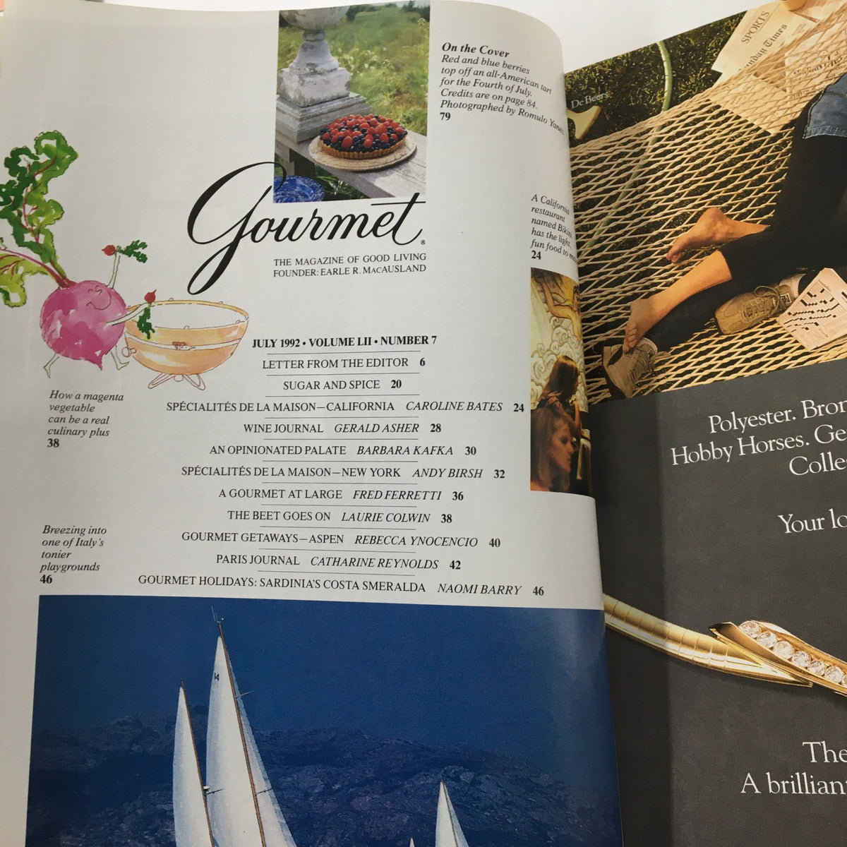 Cover page of Gourmet Magazine, July 1992 issue featuring the title 'Gourmet' along with colorful illustrations and contents describing culinary articles, including the Red and Blue Berries All-American Tart recipe.