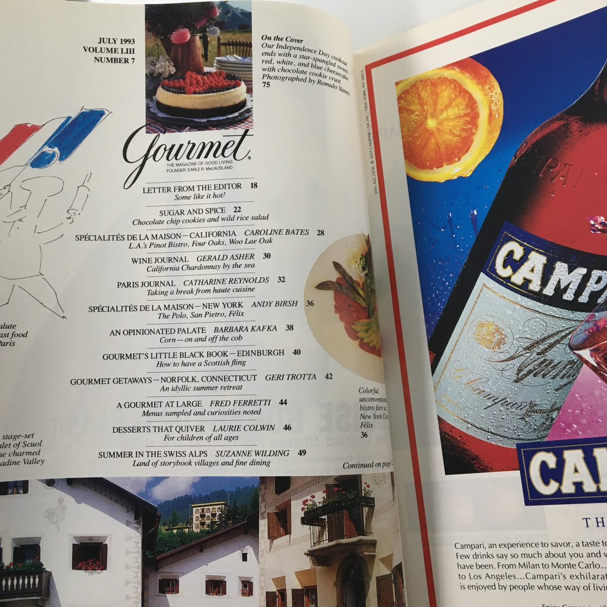 Inside pages of the Gourmet Magazine July 1993 issue showcasing the table of contents, highlighting featured recipes and articles, including the 'Our Independence Day Cookout' theme.