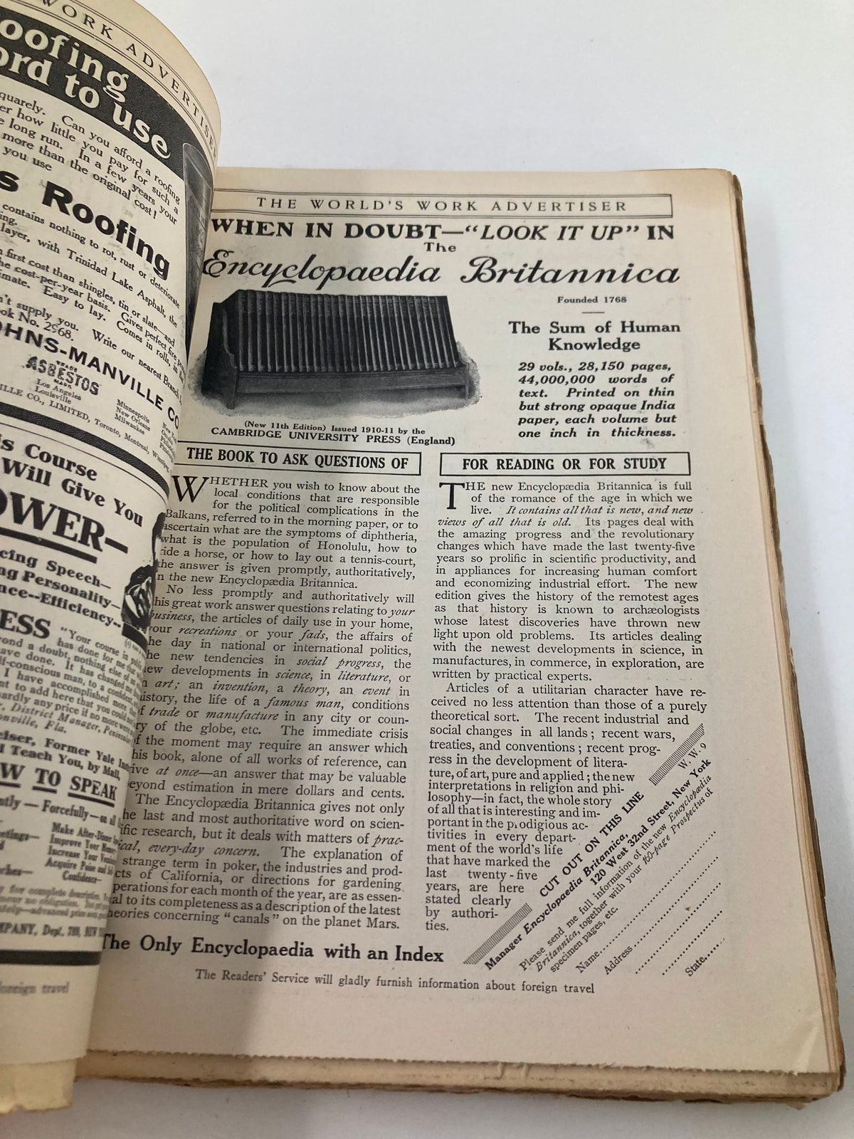 Interior page from VTG The World's Work Magazine June 1913, featuring an advertisement for Encyclopaedia Britannica, showcasing historical context and vintage print media.