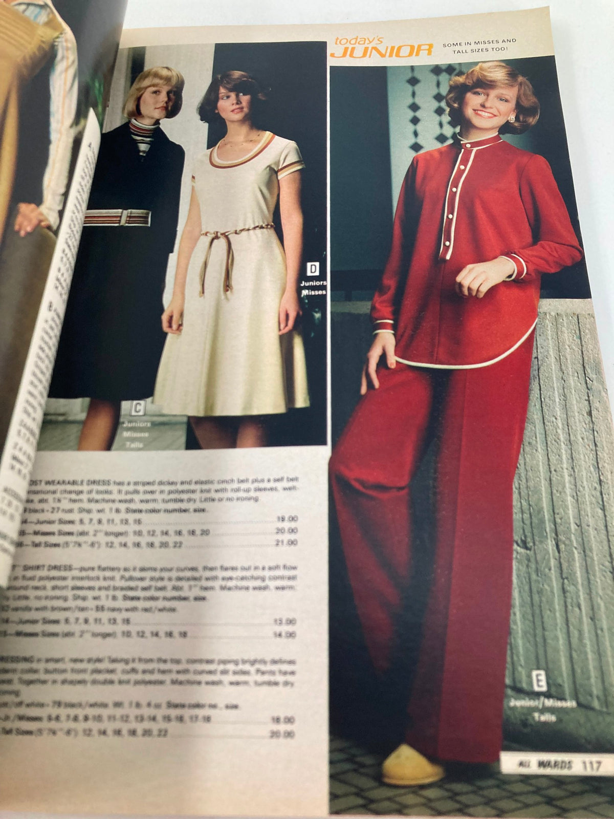 Fashion spread from the 1977 Fall & Winter Montgomery Ward & Co. Catalog, presenting junior and misses outfits, emphasizing vintage clothing styles from the 1970s.