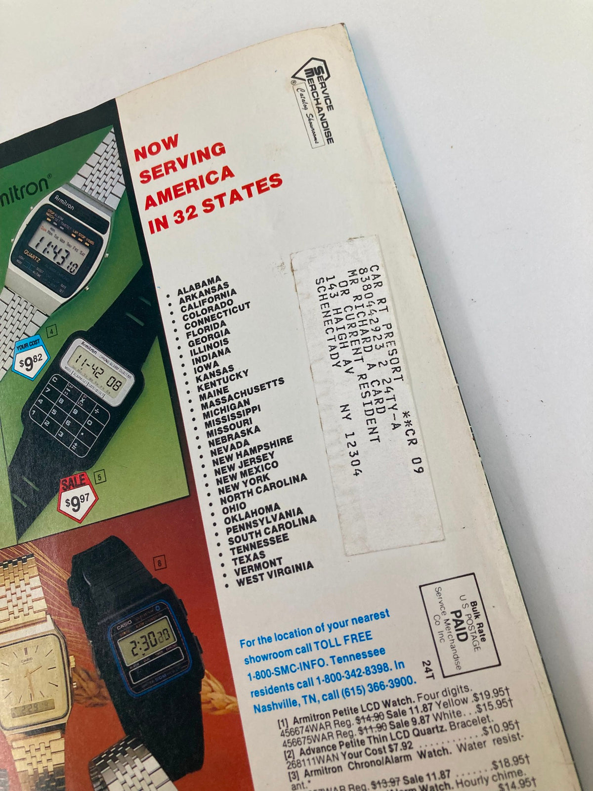 Close-up of the 1984 Service Merchandise Spring and Summer Catalog Showrooms, displaying the 'Now Serving America in 32 States' information along with different watch models by Armitron and Casio.