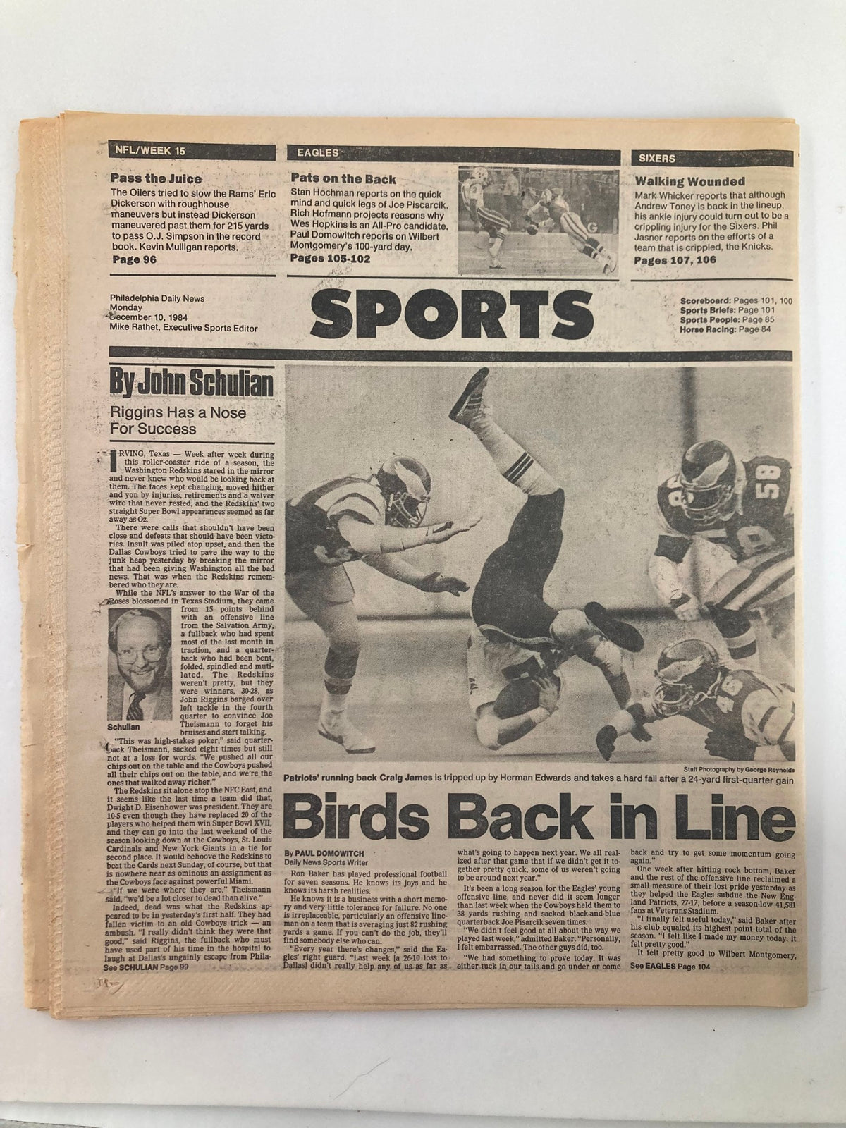 Philadelphia Daily News Tabloid December 10 1984, showcasing a sports article on the back featuring the headline 'Birds Back in Line' with an action shot of football players, related to the Philadelphia sports scene.