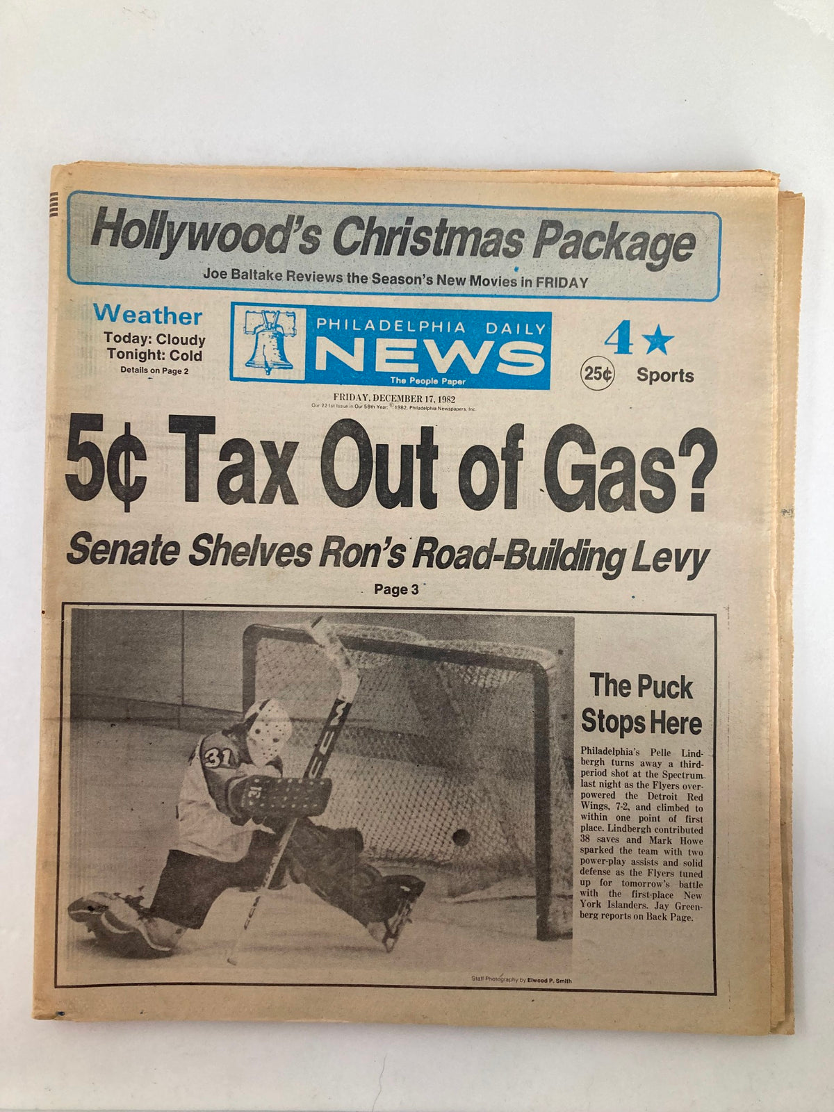Philadelphia Daily News Tabloid from December 17, 1982, featuring Pelle Lindbergh, highlighting a cover story on the hockey player with a photo of him making a save against the Detroit Red Wings.