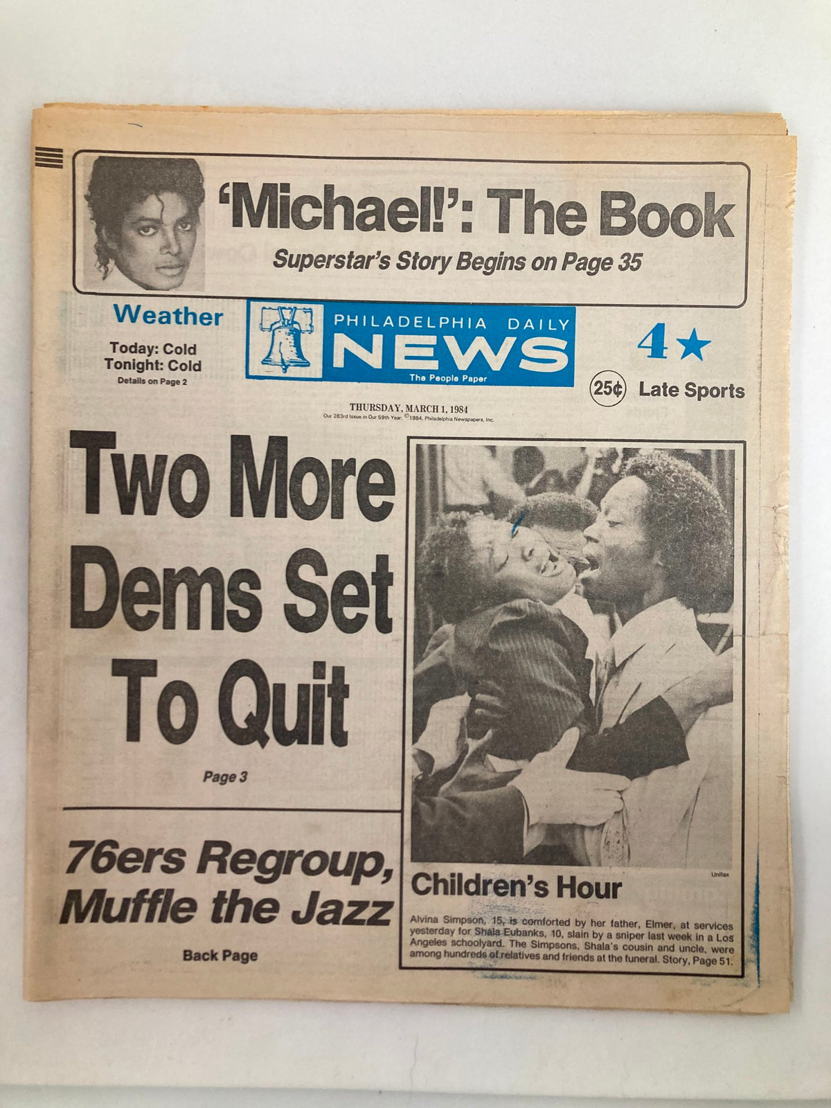 Philadelphia Daily News Tabloid March 1 1984 featuring Michael Jackson and Alvina Simpson with headlines including 'Two More Dems Set To Quit' and coverage of local sports.