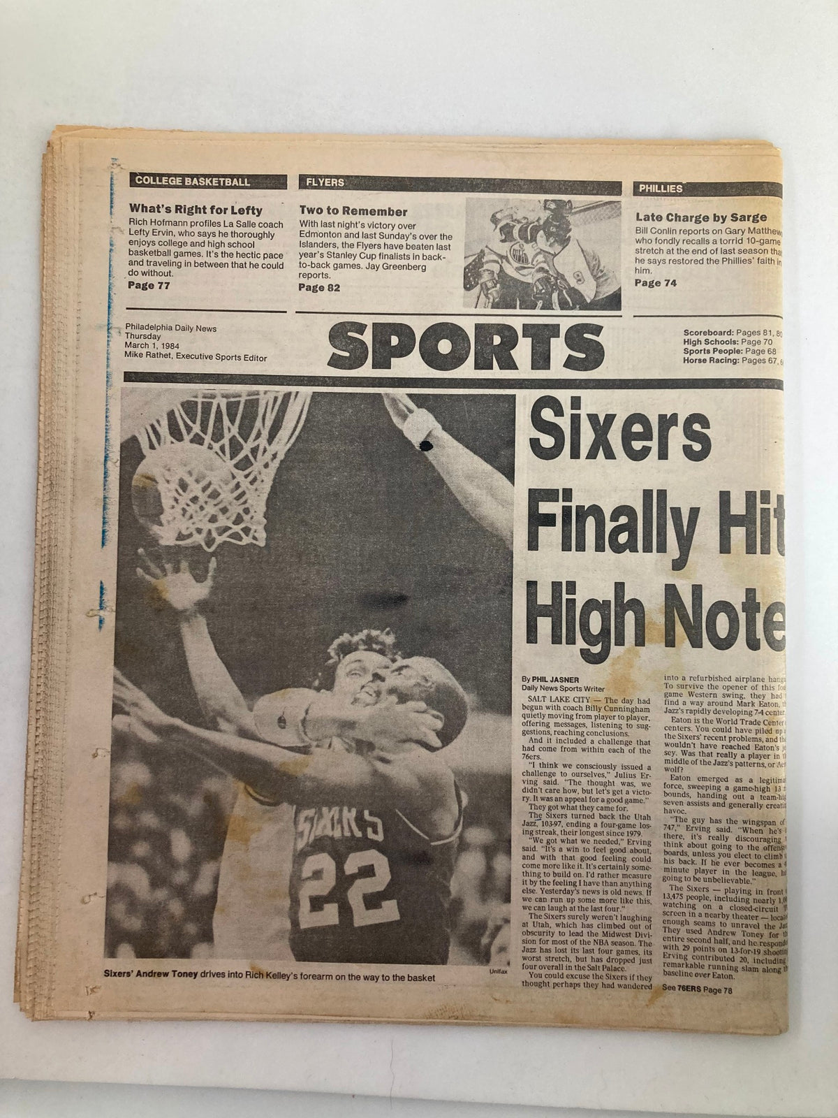 Philadelphia Daily News Tabloid March 1 1984 showcasing sports news with the headline 'Sixers Finally Hit High Note' highlighting basketball action.
