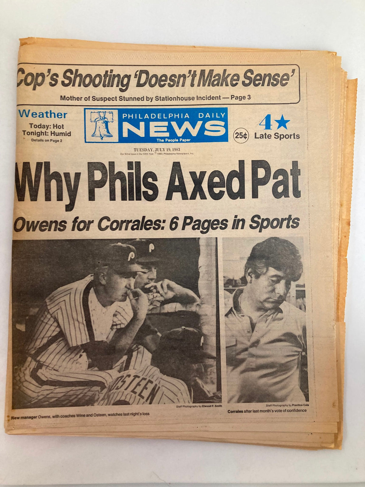 Philadelphia Daily News Tabloid, July 19 1983, featuring the headline 'Why Phil Axed Pat' along with images of Manager Owens, Wine, and Osteen. The tabloid presents sports news and insights.