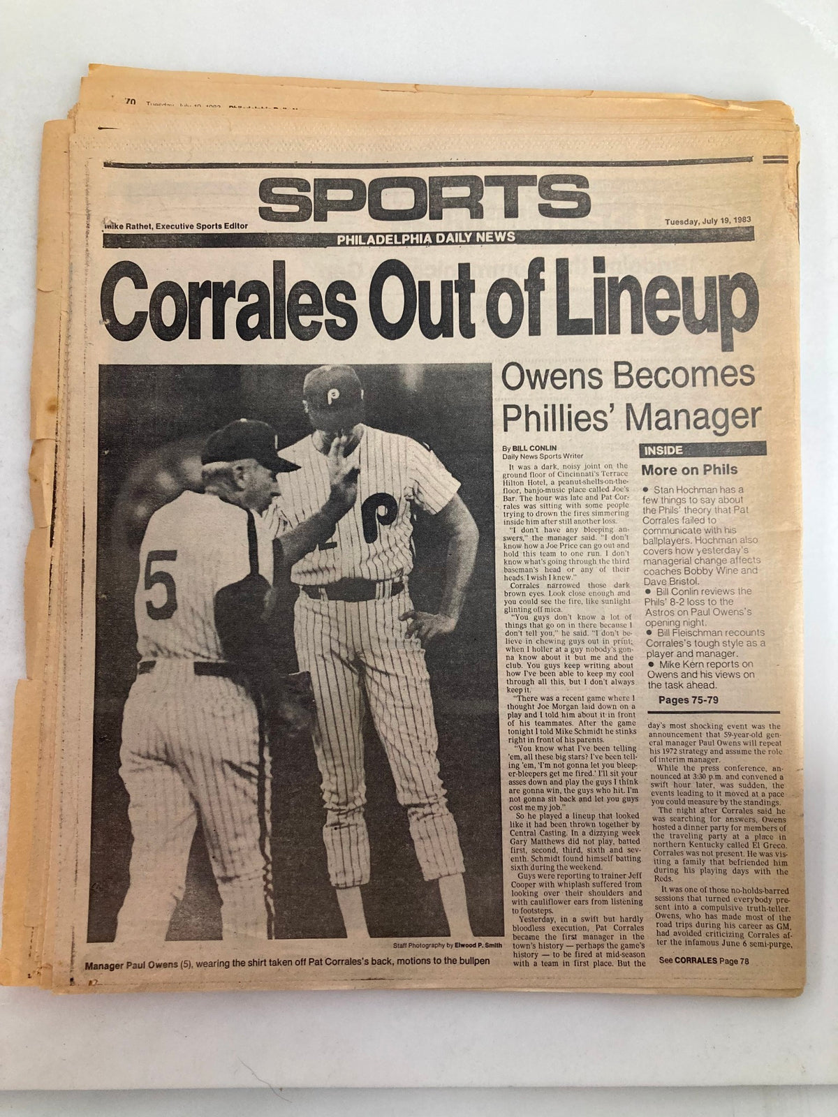 Philadelphia Daily News Tabloid, July 19 1983, showcasing 'Corrales Out of Lineup' with Manager Owens and a player on the field. This tabloid includes commentary on Phillies' lineup changes.
