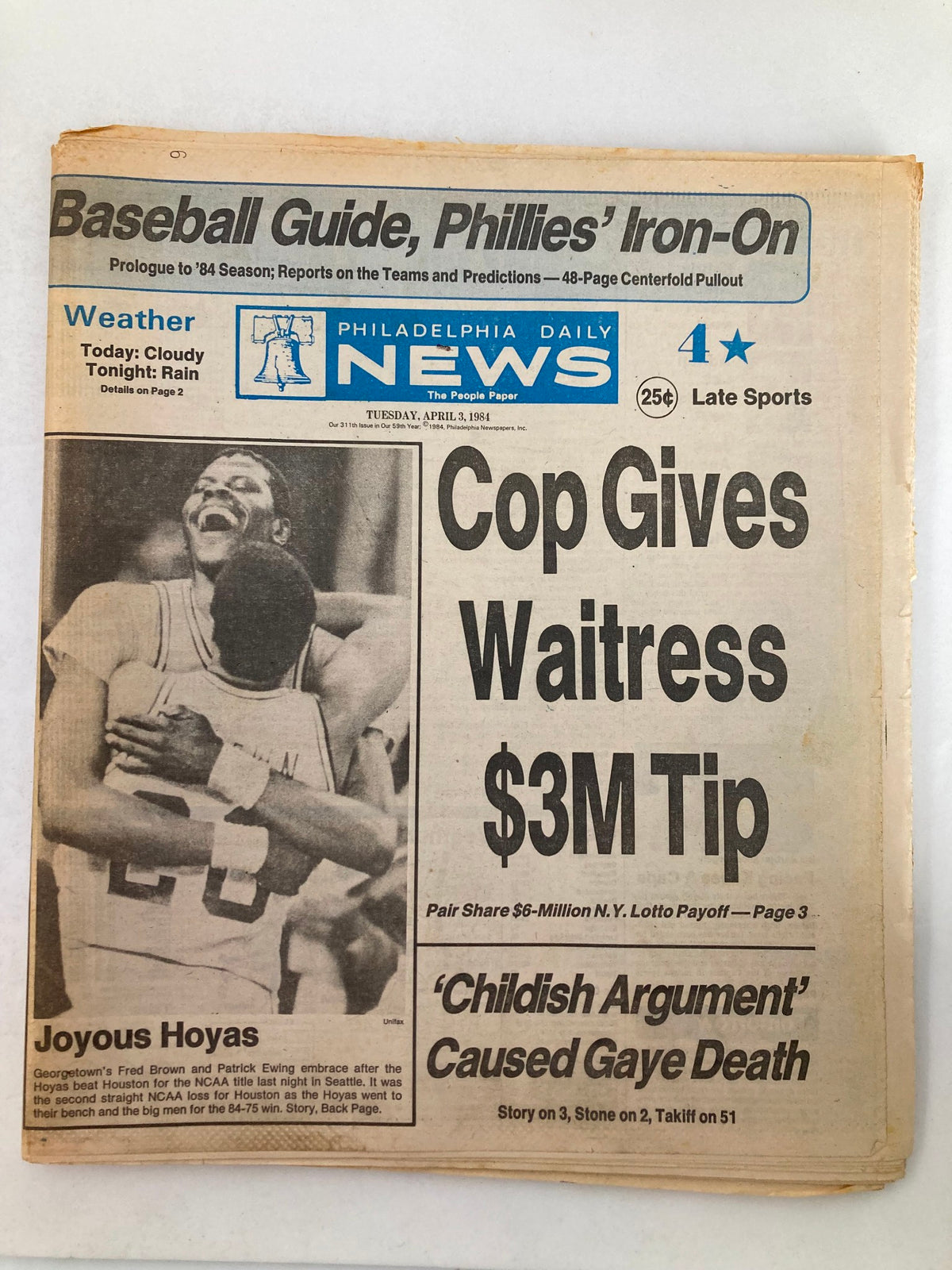Philadelphia Daily News Tabloid April 3 1984 featuring a headline about a waitress receiving a $3 million tip, along with a sports section highlighting Georgetown Hoyas.