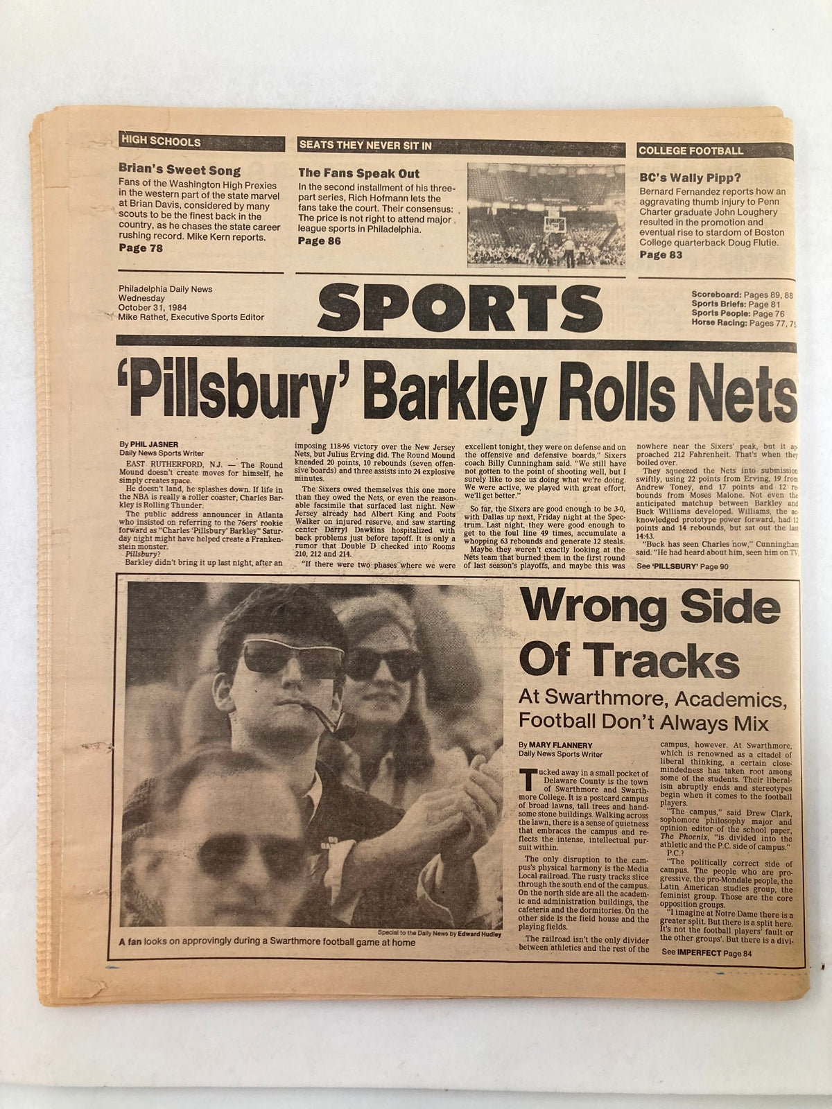 Philadelphia Daily News Tabloid from October 31, 1984, showcasing an article on sports with a focus on Charles Barkley, also including various sections and headlines from that day's edition.