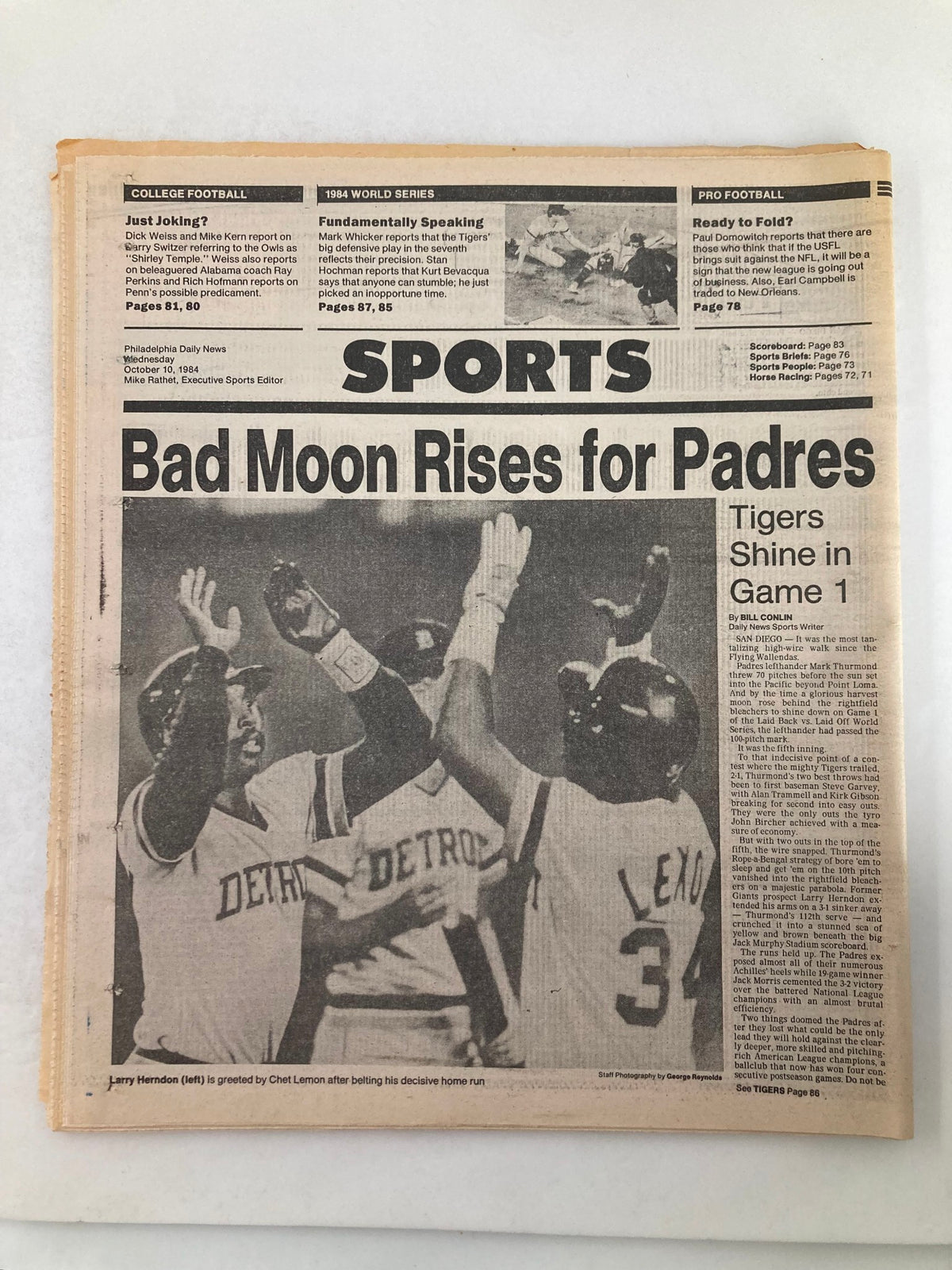 Philadelphia Daily News Tabloid from October 10, 1984, featuring coverage of Jack Morris and Darrell Evans, highlighting a sports article titled 'Bad Moon Rises for Padres' with images of players celebrating.
