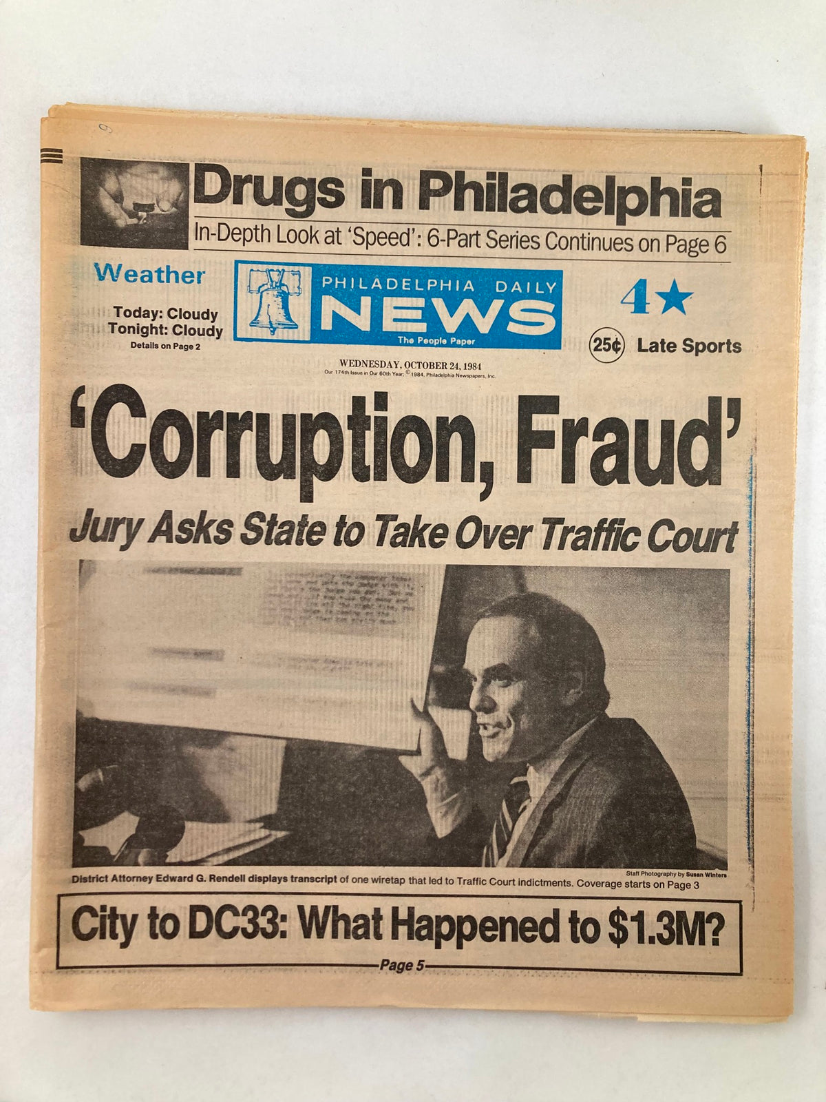Philadelphia Daily News Tabloid from October 24, 1984, featuring District Attorney Edward G. Rendell, headlined 'Corruption, Fraud'. The article discusses jury inquiries related to taking over traffic court.