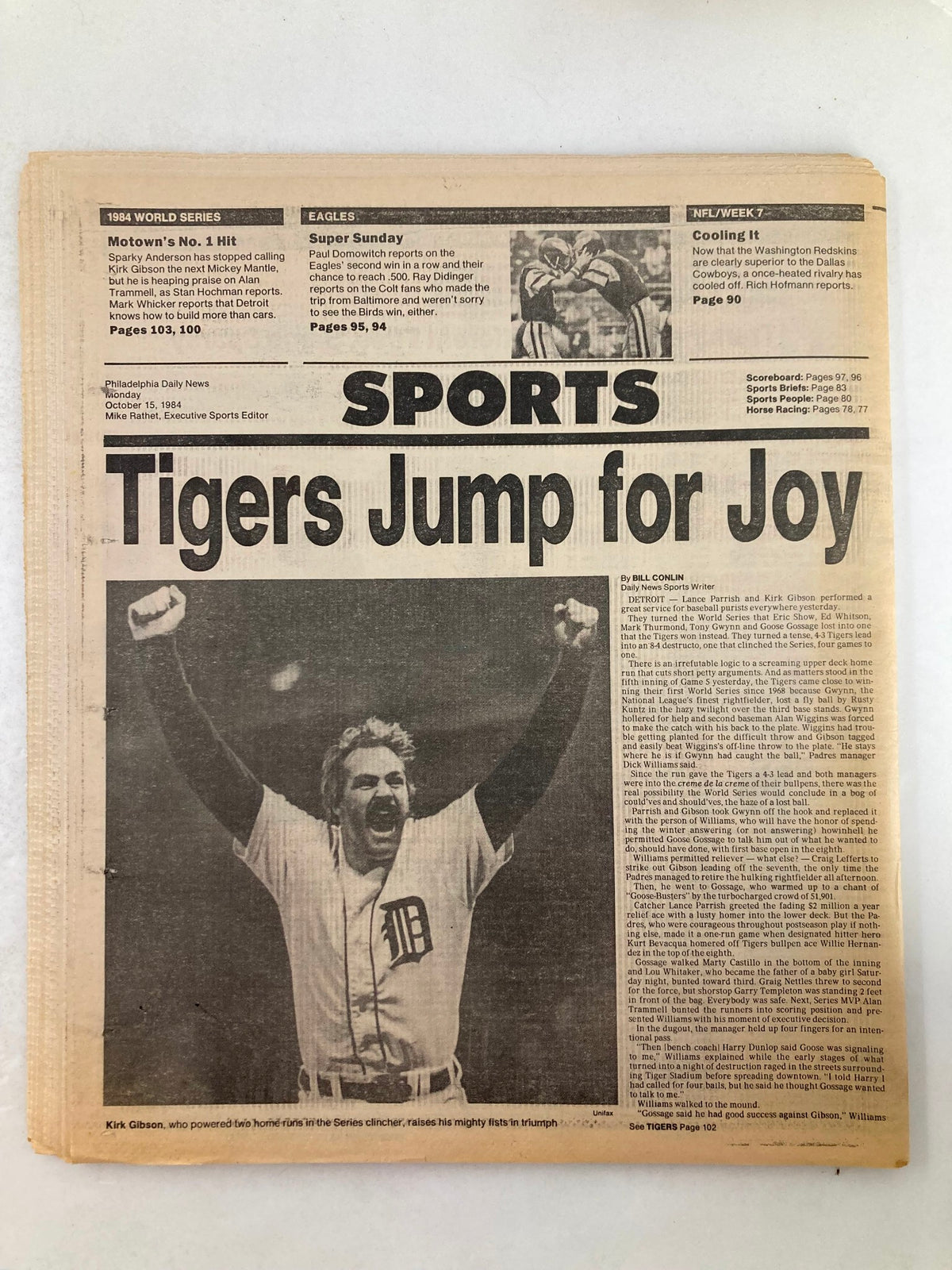 Philadelphia Daily News Tabloid from October 15, 1984, showcasing the headline 'Tigers Jump for Joy' with an image of a jubilant player celebrating the Detroit Tigers' World Series win.