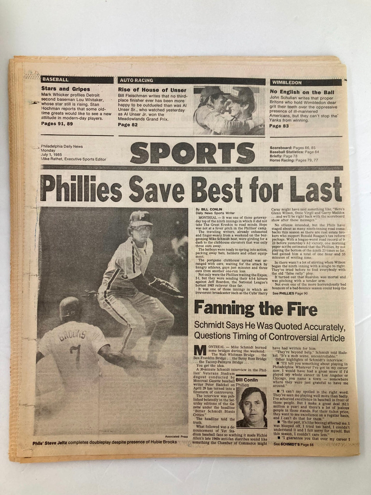 Philadelphia Daily News sports section from July 1, 1985, featuring the headline 'Phillies Save Best for Last', discussing Philadelphia Phillies baseball news and highlights.