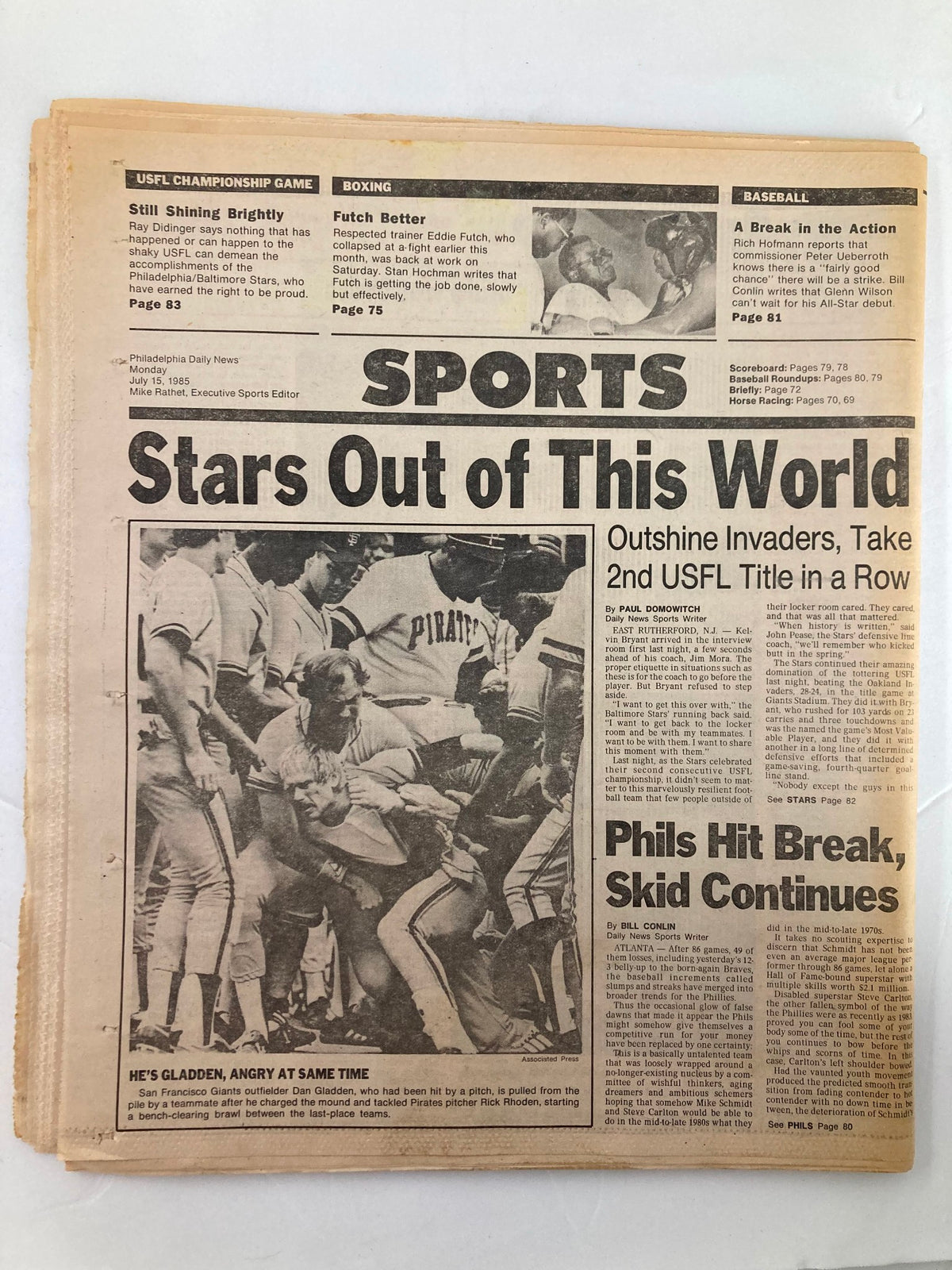 Philadelphia Daily News Tabloid from July 15, 1985 showcasing sports news. The page includes coverage of various events and a dramatic moment in USFL Championship game, maintaining the vintage newspaper aesthetic.