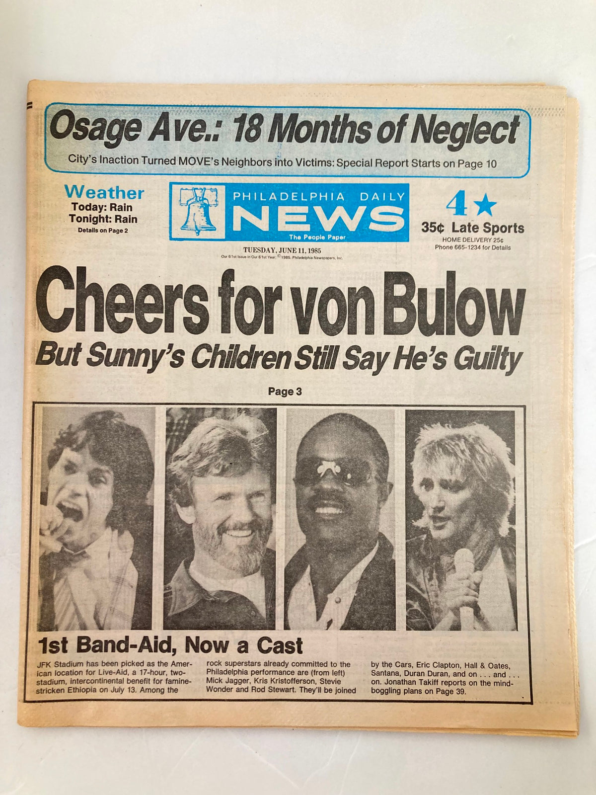 Philadelphia Daily News tabloid from June 11, 1985, featuring articles and images of Mick Jagger, Kris Kristofferson, and other artists in relation to the Band-Aid concert for Ethiopian famine relief.