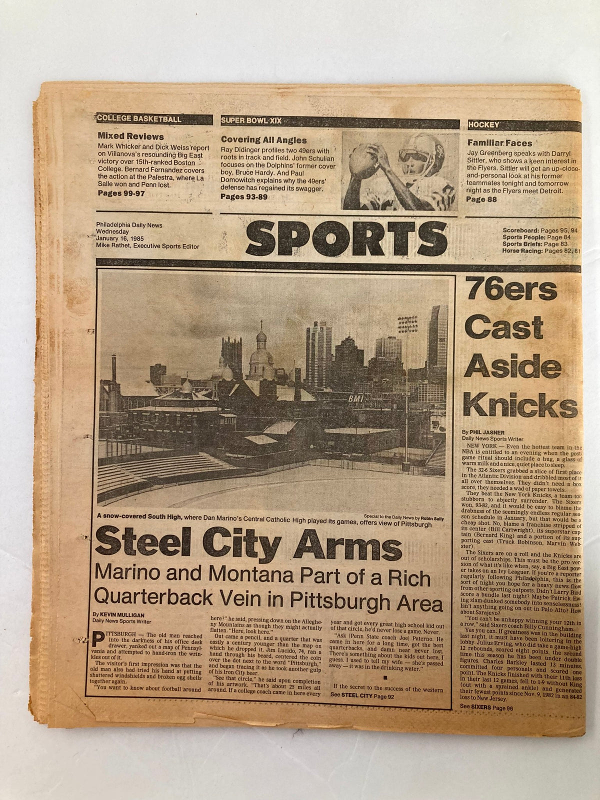 Philadelphia Daily News Tabloid from January 16, 1985, showcasing sports news, including a feature about the Philadelphia 76ers and their game against the New York Knicks, reflecting the vibrant basketball culture of the 1980s.