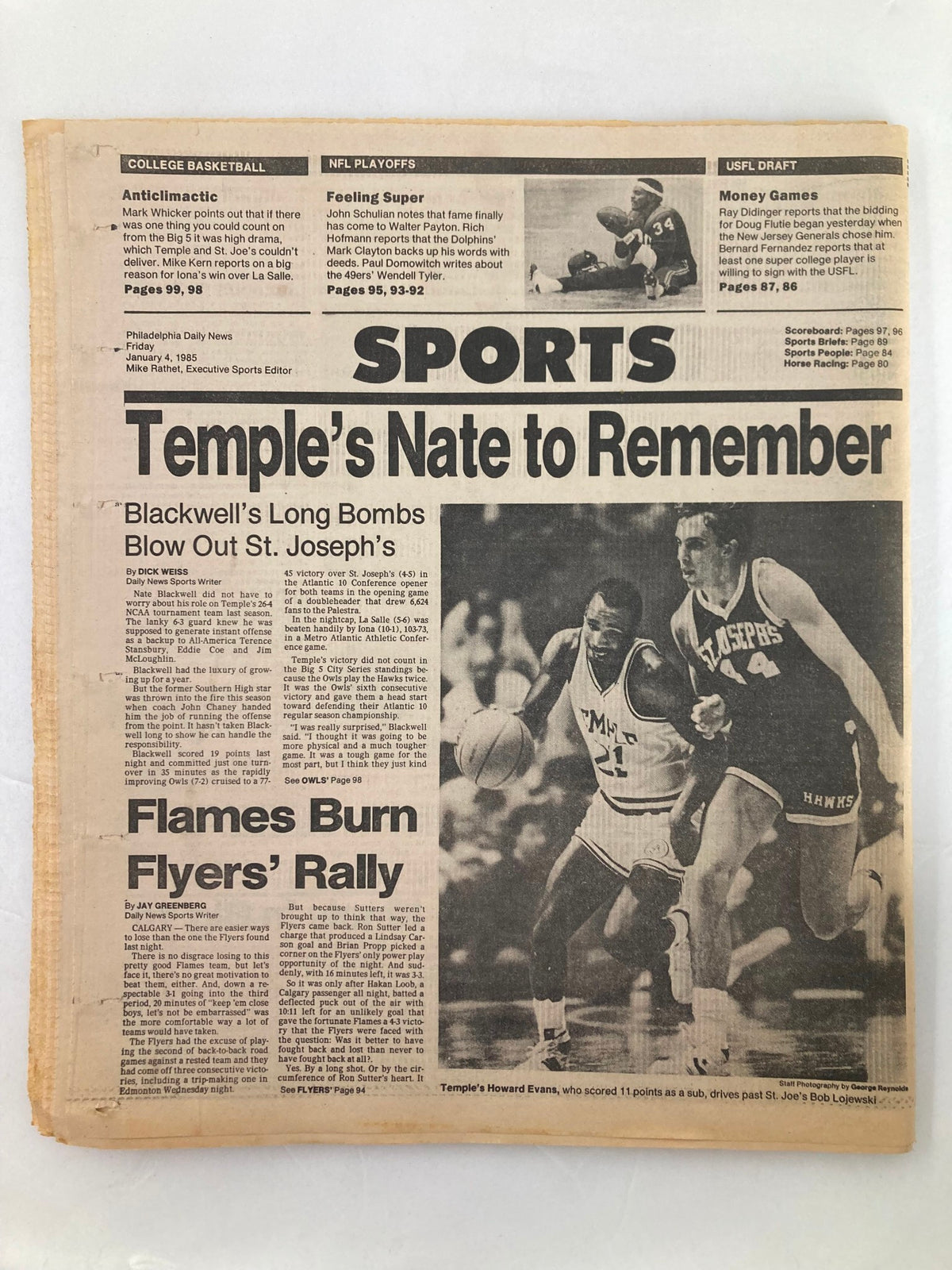Philadelphia Daily News Tabloid January 4 1985 showcasing the sports section with a focus on Temple's Nate to Remember, reporting on college basketball highlights.
