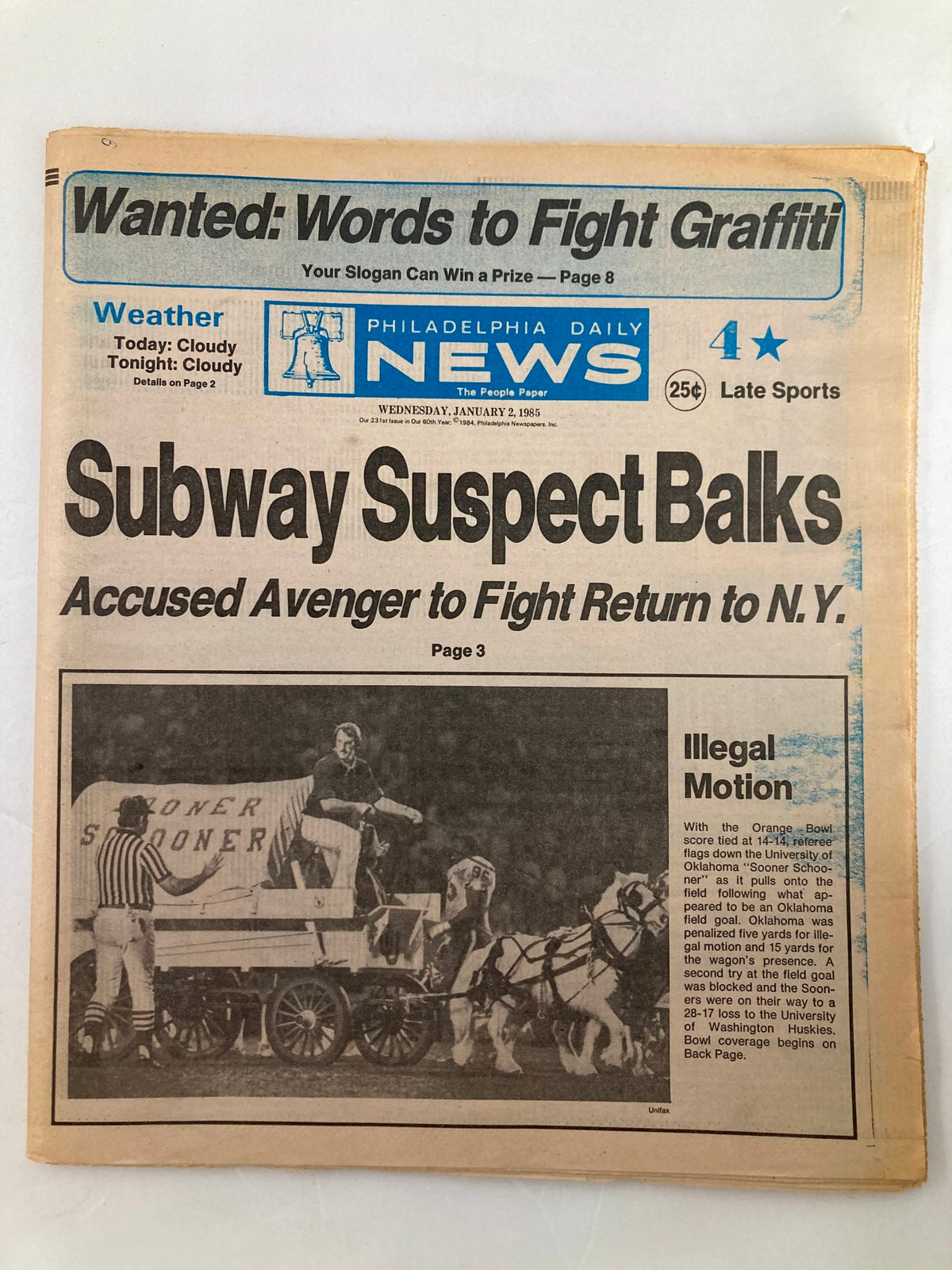 Philadelphia Daily News Tabloid January 2 1985 featuring the headline about Subway Suspect Balks, with an image of a horse-drawn cart, displaying news on the Orange Bowl score tied at 14-14.