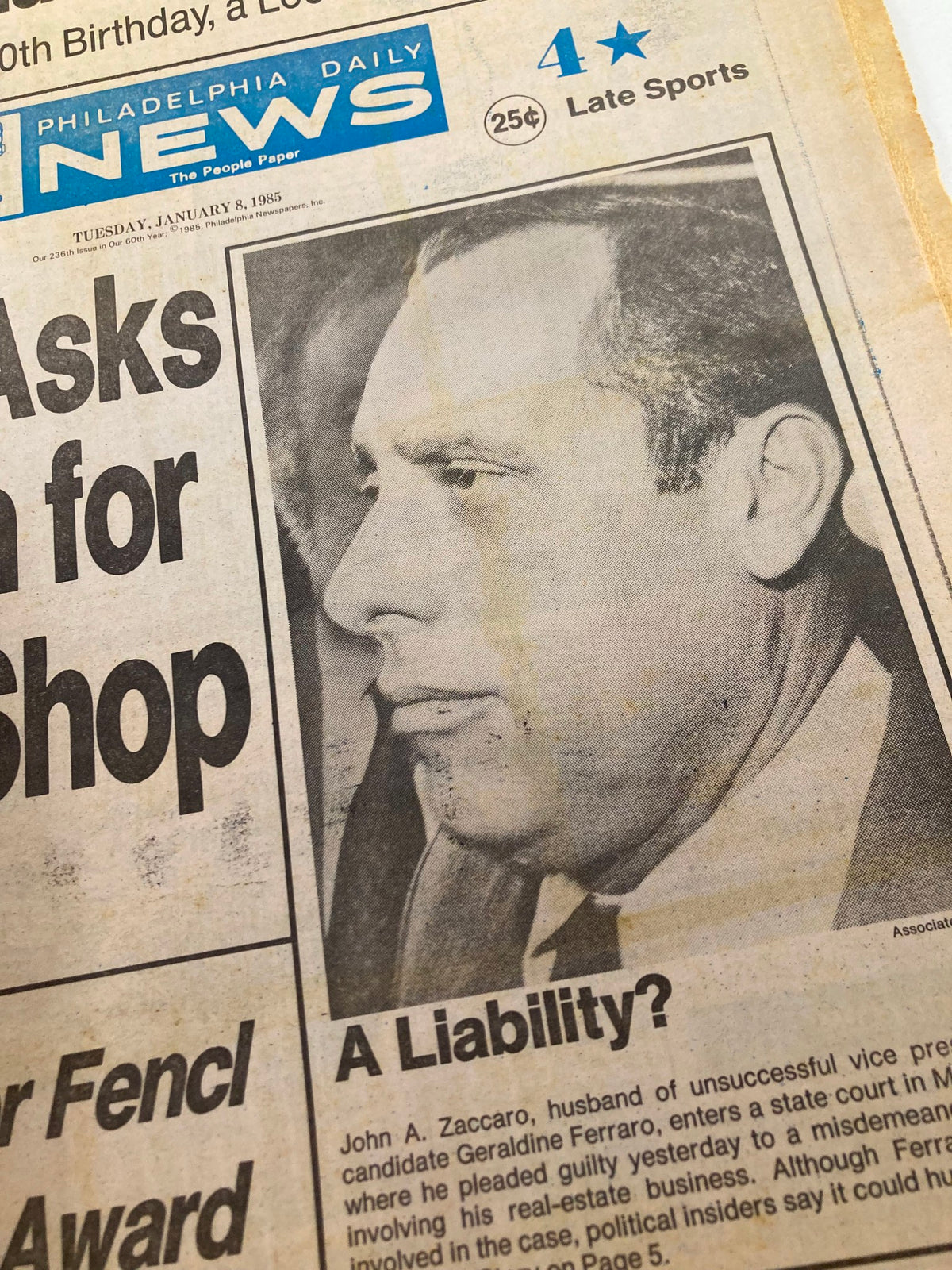 Close-up of John A. Zaccaro's image from the Philadelphia Daily News tabloid dated January 8, 1985, under the headline 'A Liability?', detailing his political context.