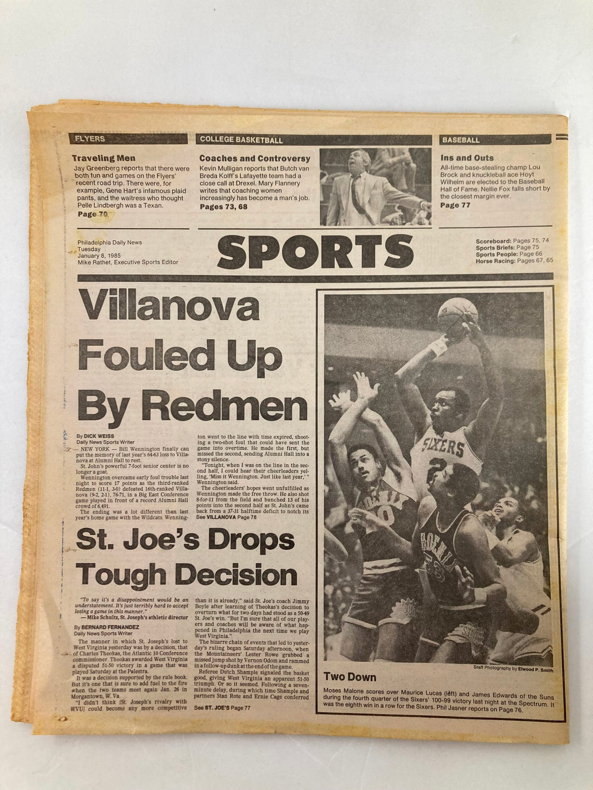 Sports section of the Philadelphia Daily News tabloid from January 8, 1985, highlighting basketball coverage, and showcasing the newspaper's vintage layout and design.