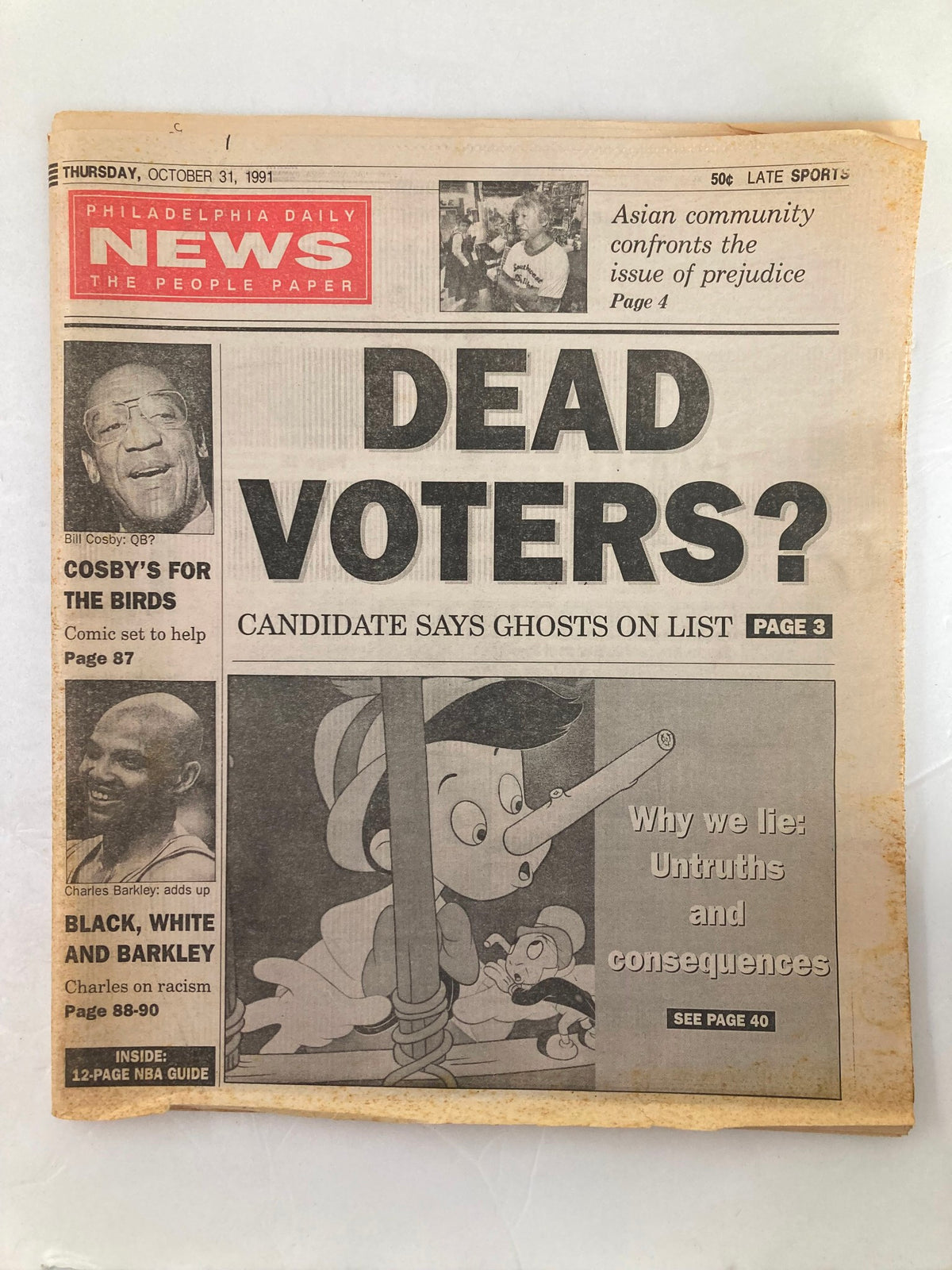 Philadelphia Daily News Tabloid October 31 1991 featuring the headline ‘DEAD VOTERS?’ and a humorous cartoon illustration, discussing election topics in a captivating design.