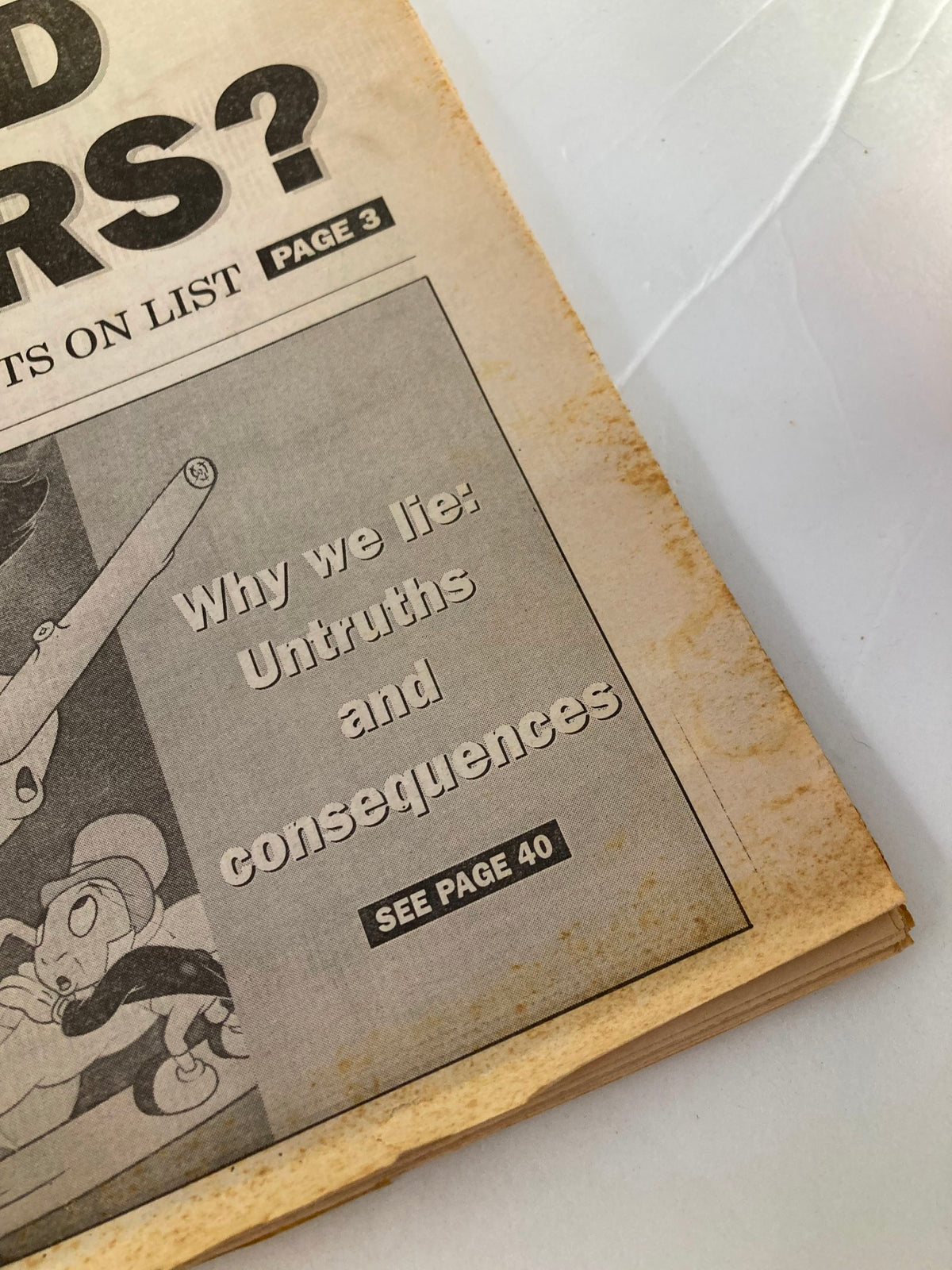 Close-up of the Philadelphia Daily News Tabloid October 31 1991 page highlighting the article ‘Why we lie: Untruths and consequences’ and directing readers to see page 40.