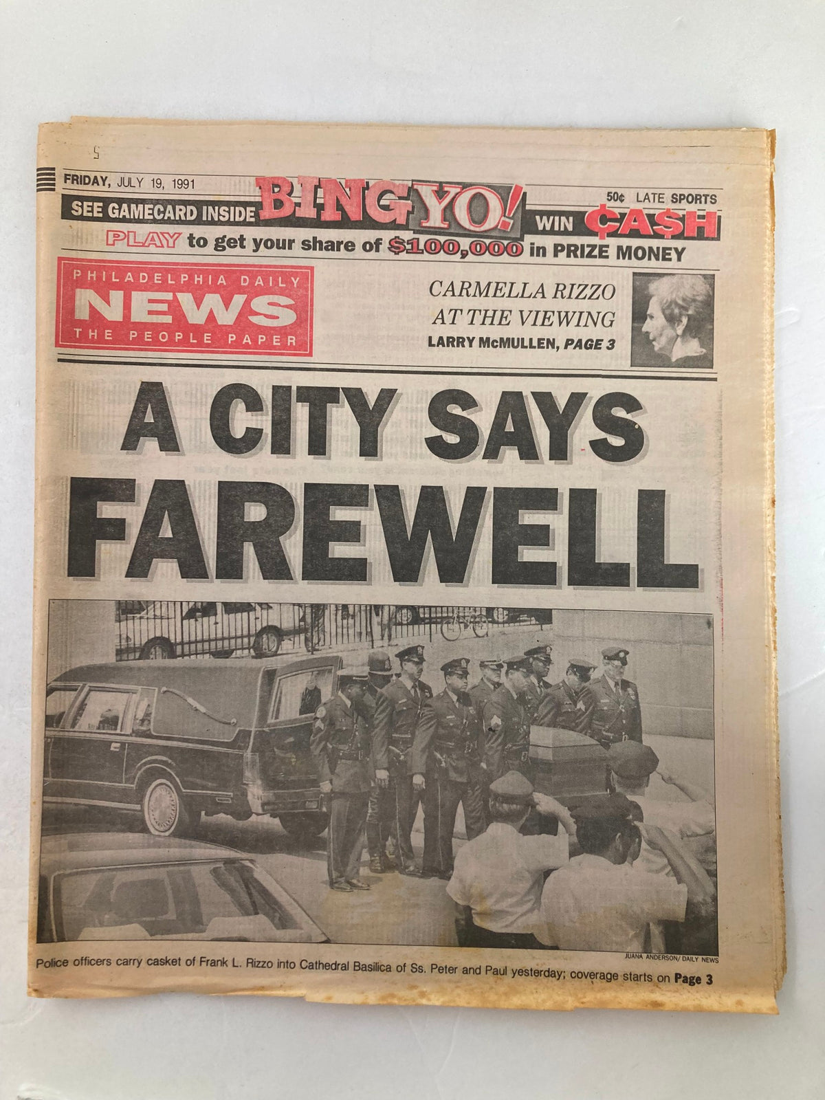 Philadelphia Daily News Tabloid July 19 1991 cover featuring bold headlines about a farewell to Frank L. Rizzo and a photo of police officers carrying a casket.