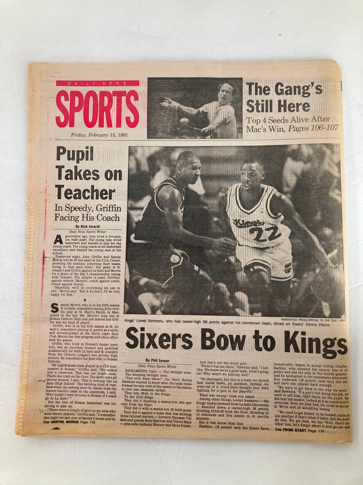 Philadelphia Daily News Sports Section from February 15, 1991, with the headline 'Sixers Bow to Kings'. The image showcases details about a basketball game featuring the Philadelphia 76ers and highlights from the sports news.