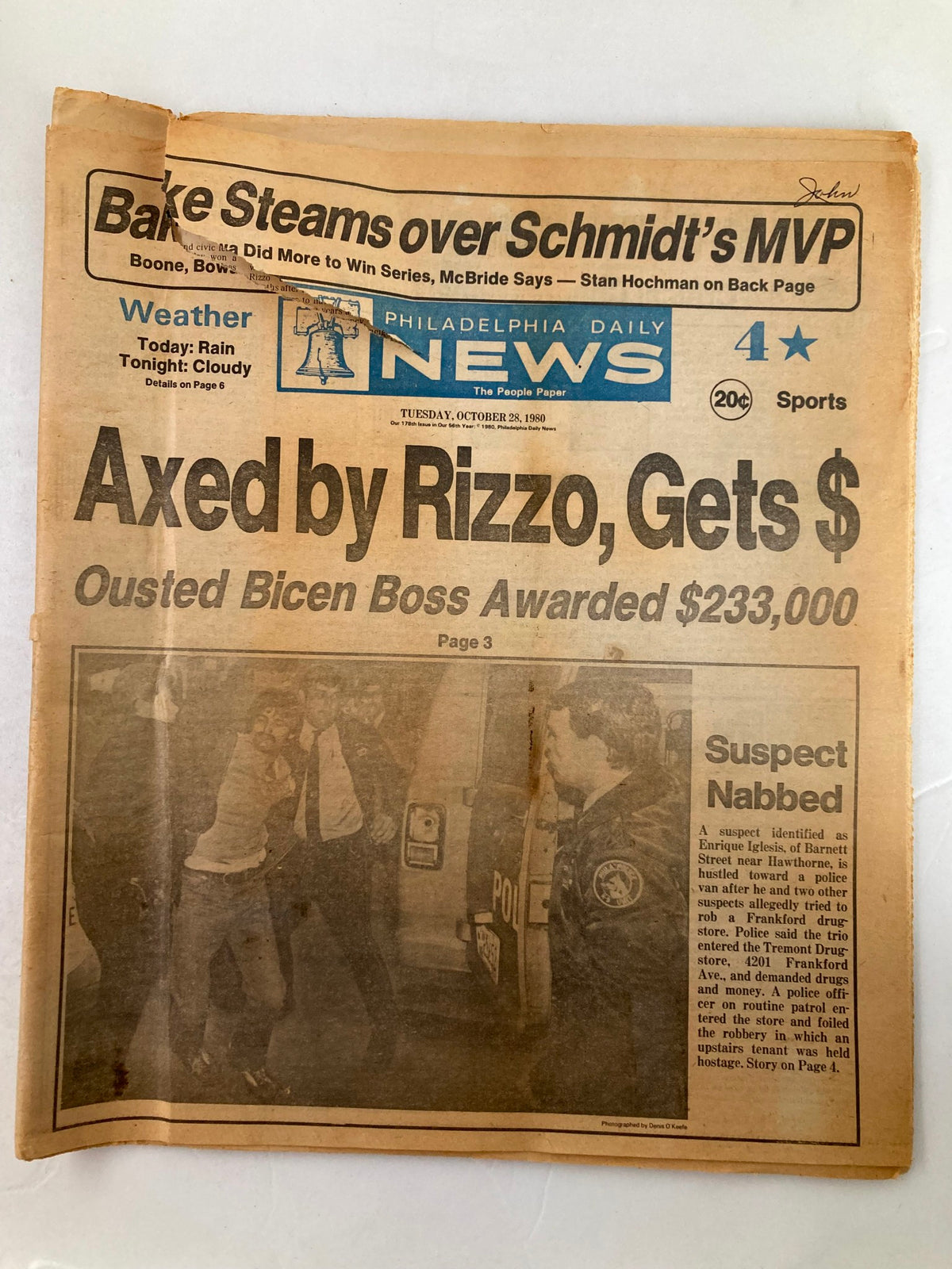 Philadelphia Daily News Tabloid from October 28, 1980, featuring headlines about a suspect nabbed in connection to Enrique Iglesias along with other news articles and weather updates.