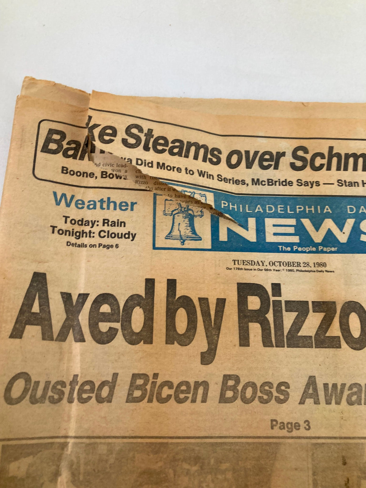 Philadelphia Daily News Tabloid from October 28, 1980, featuring the headline 'Axed by Rizzo' with a weather report and a prominent image of the Liberty Bell.