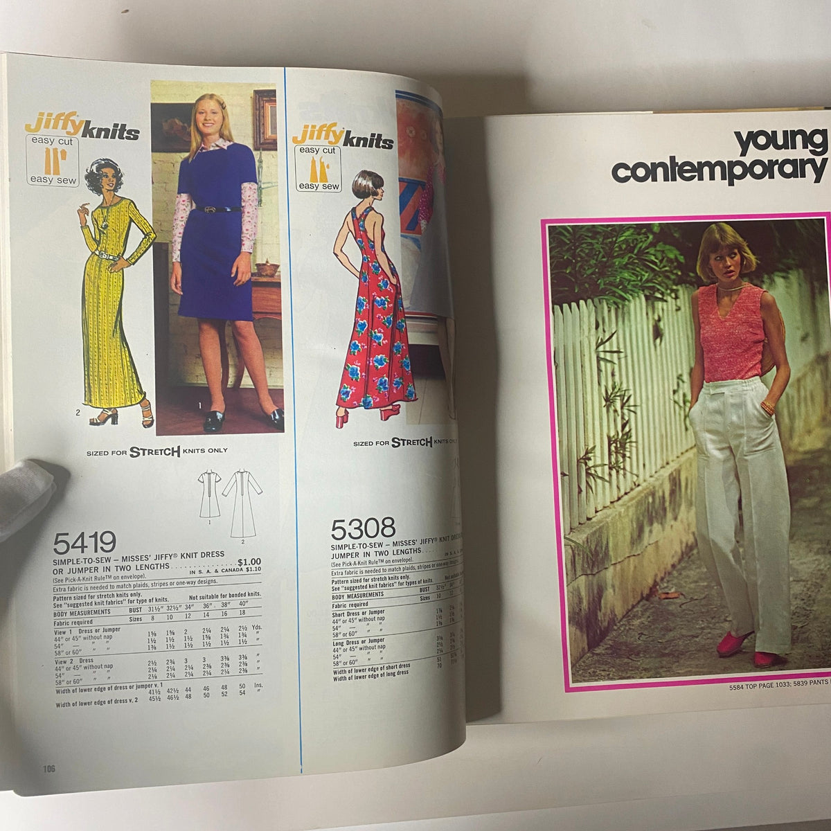 1973 July Simplicity Catalog highlighting easy-sew Jiffy knits dresses, presenting trendy designs for youthful styles.