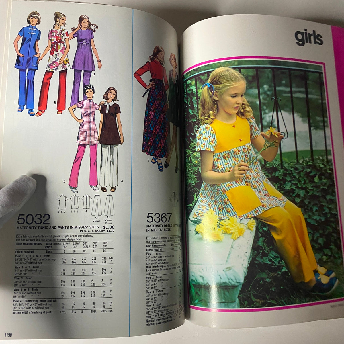 1973 July Simplicity Catalog displaying sewing patterns for maternity wear, including tunic and pants designs suitable for misses and young girls, reflecting vibrant 1970s fashion.