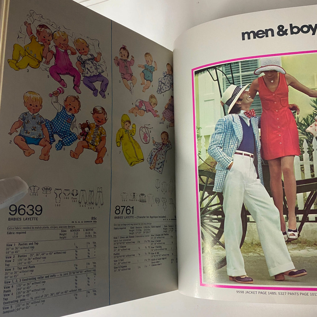 Vintage 1973 July Simplicity Catalog showcasing sewing patterns for men, women, and babies, with illustrations of stylish clothing options. Key features include Jiffy and Young Contemporary styles, perfect for home sewing enthusiasts.