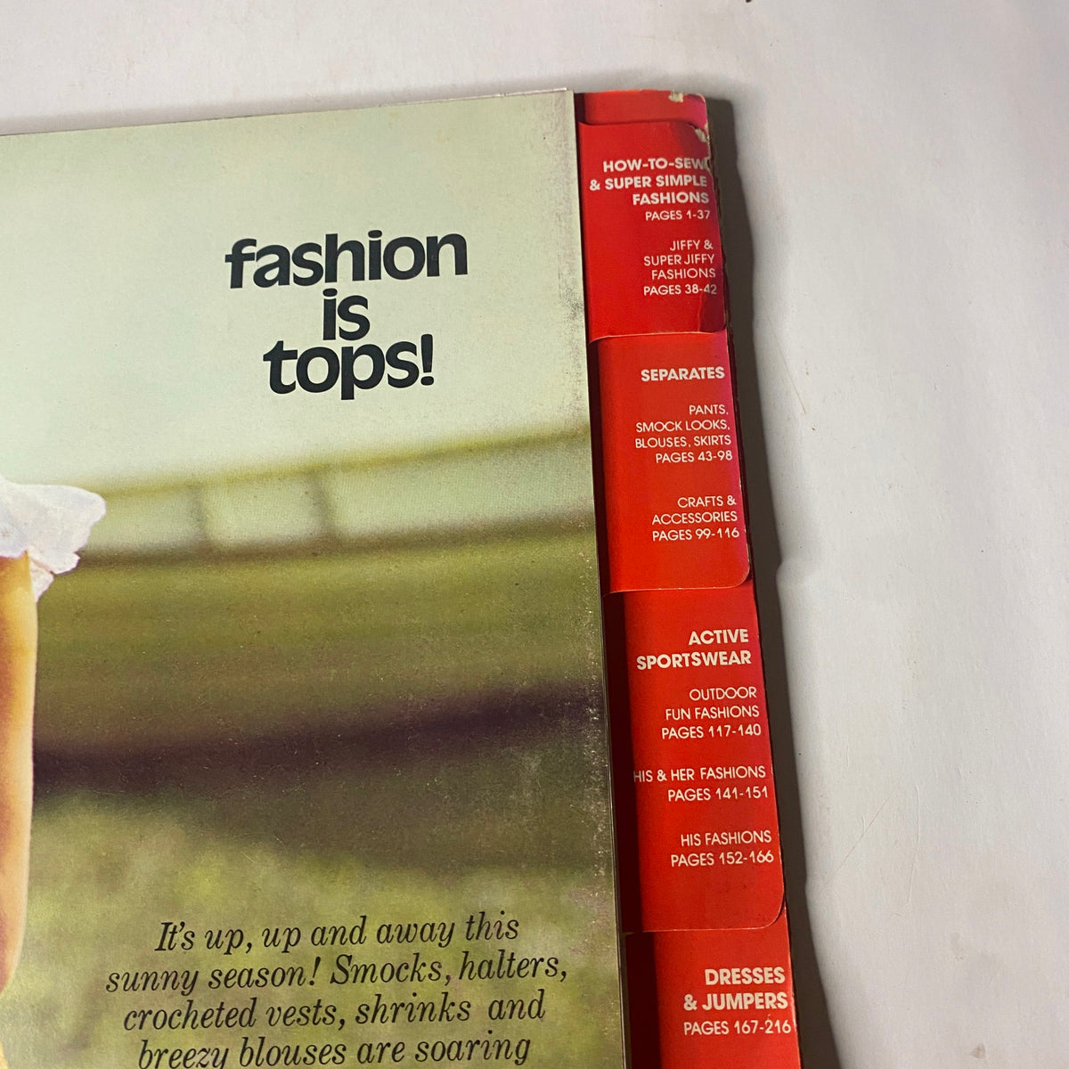 Inside page of the 1973 Simplicity Spring Summer School Catalog displaying section titles and page numbers for various sewing patterns, featuring designs like 'How-To Sew' and 'Active Sportswear'.