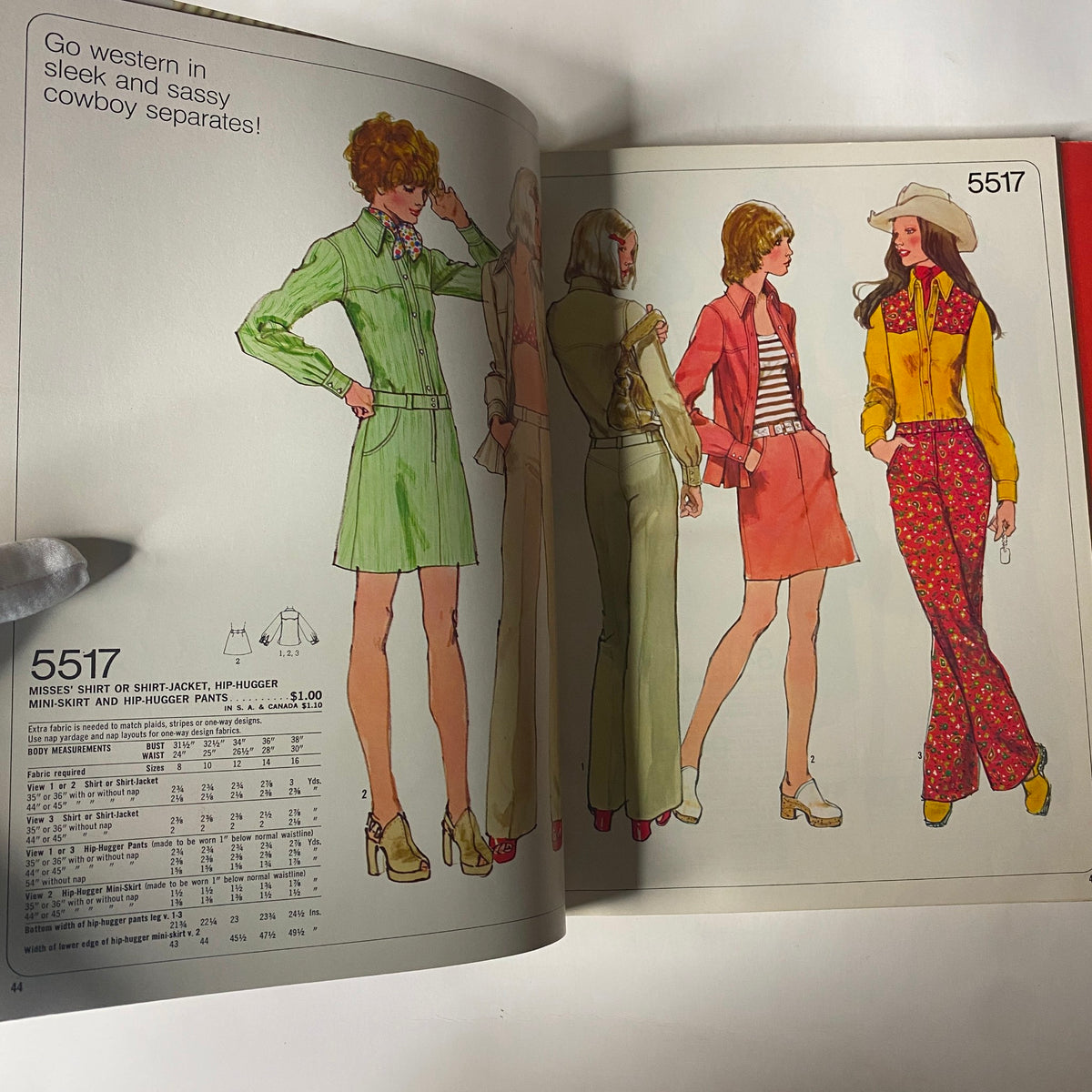 Fashion illustration from the 1973 Simplicity Spring Summer School Catalog displaying stylish western-inspired outfits for women with eye-catching designs and patterns.