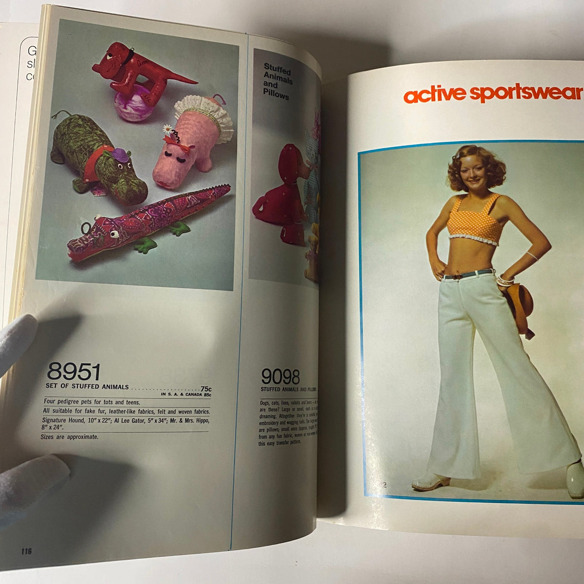 Image of stuffed animals and a model in active sportswear from the 1973 Simplicity Spring Summer School Catalog, highlighting playful and trendy designs for the season.